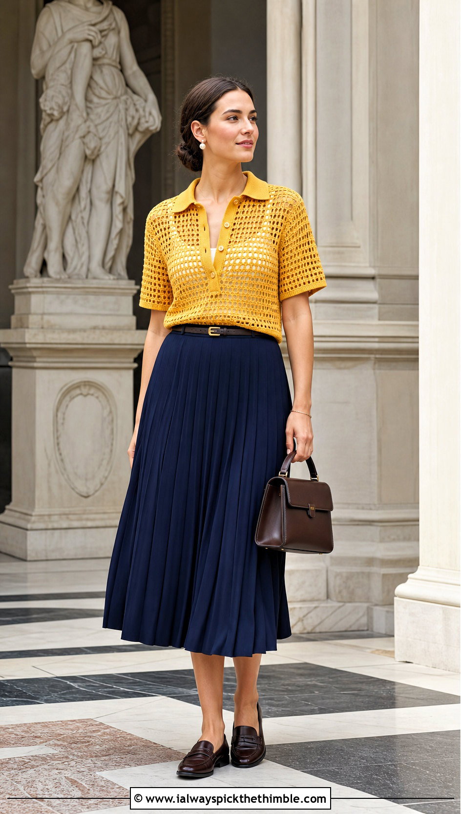 Marigold Filet Crochet Polo Sweater With Pleated Midi Skirt - 15 Yellow Lace Crochet Sweater outfit ideas