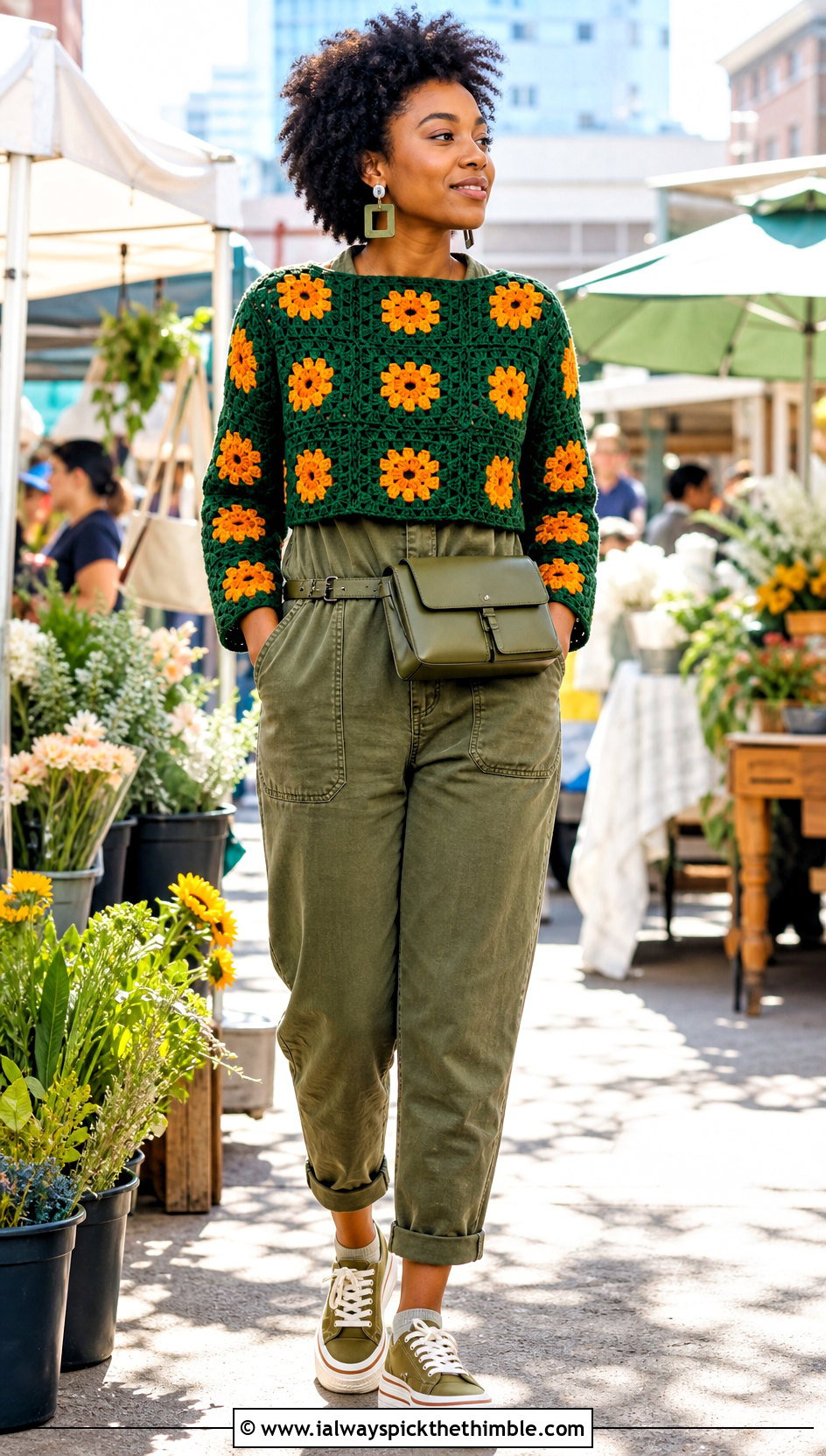 Marigold Granny Square Sweater With Utility Jumpsuit - 20 flower granny square sweater outfit ideas
