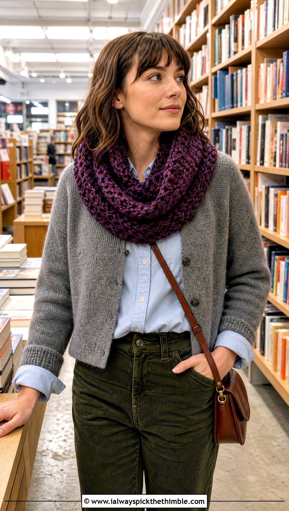 Marled Chunky Crochet Infinity Scarf With Corduroy Pants - 20 Chunky Crochet Infinity Scarf outfit ideas