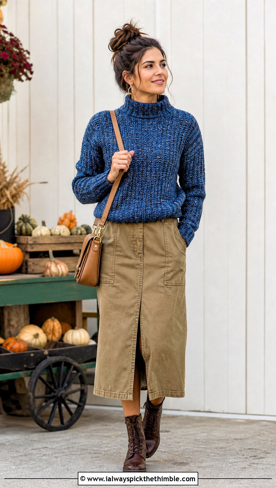Marled Crochet Mock Neck Sweater With Utility Midi Skirt - 20 Crochet Mock Neck Sweater outfit ideas