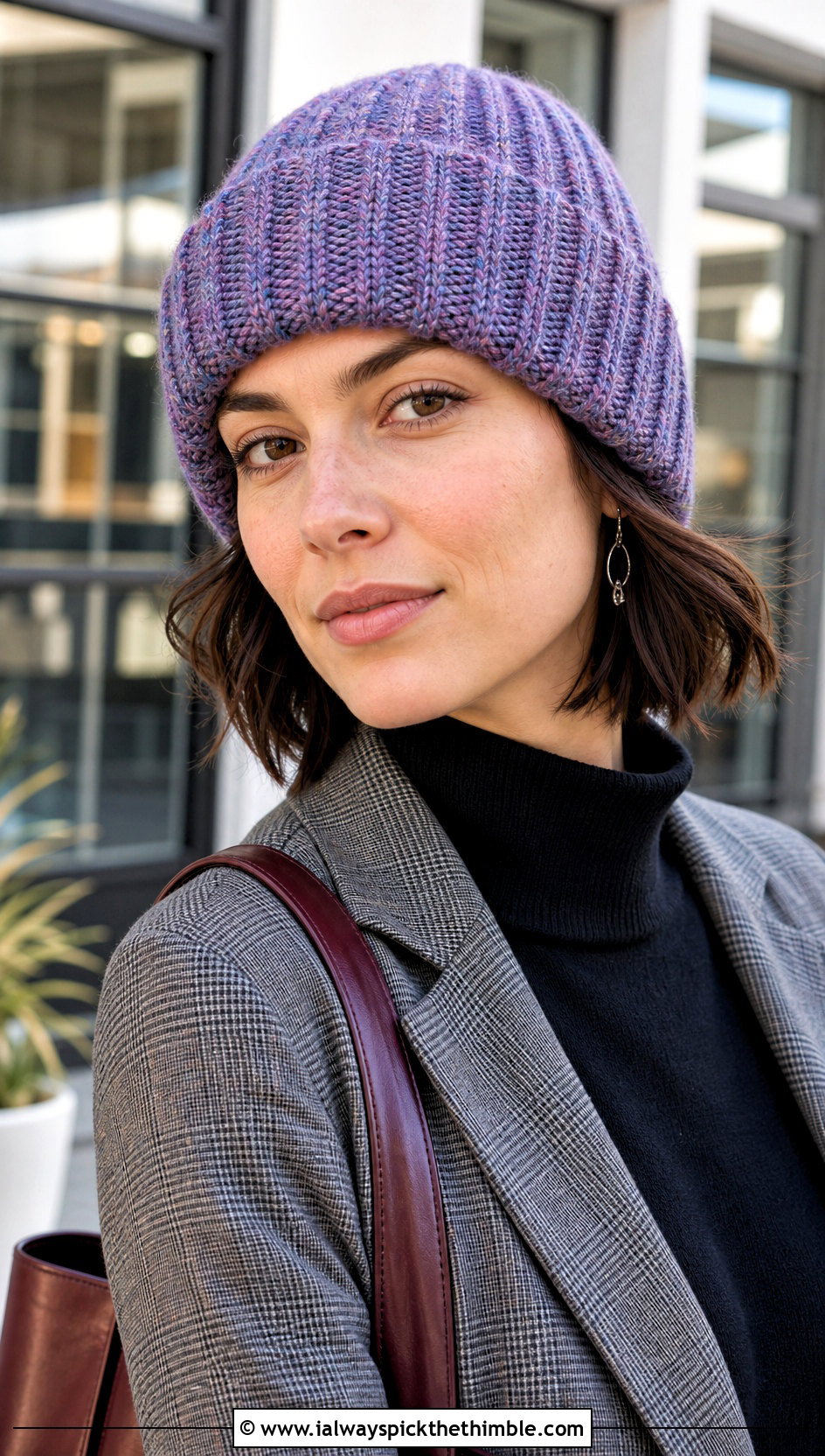Marled Crochet Ribbed Beanie With Plaid Blazer - 25 crochet ribbed beanie outfit ideas