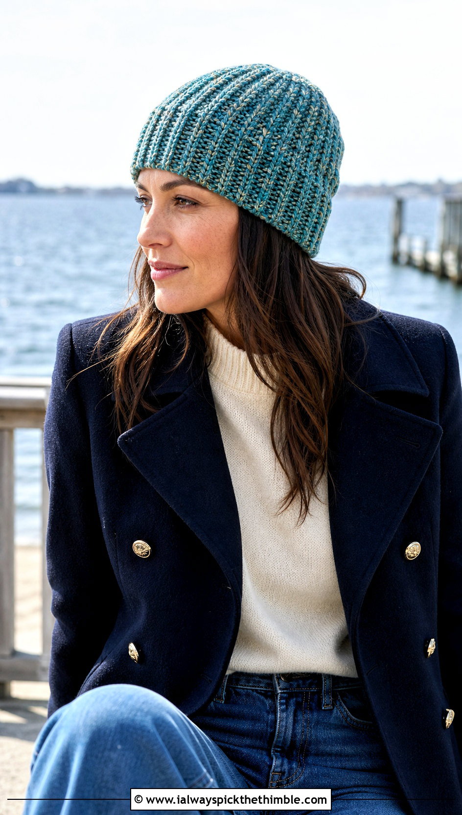 Marled Crochet Ribbed Hat With Peacoat And Wide Leg Jeans - 20 Easy Crochet Ribbed Hat outfit ideas
