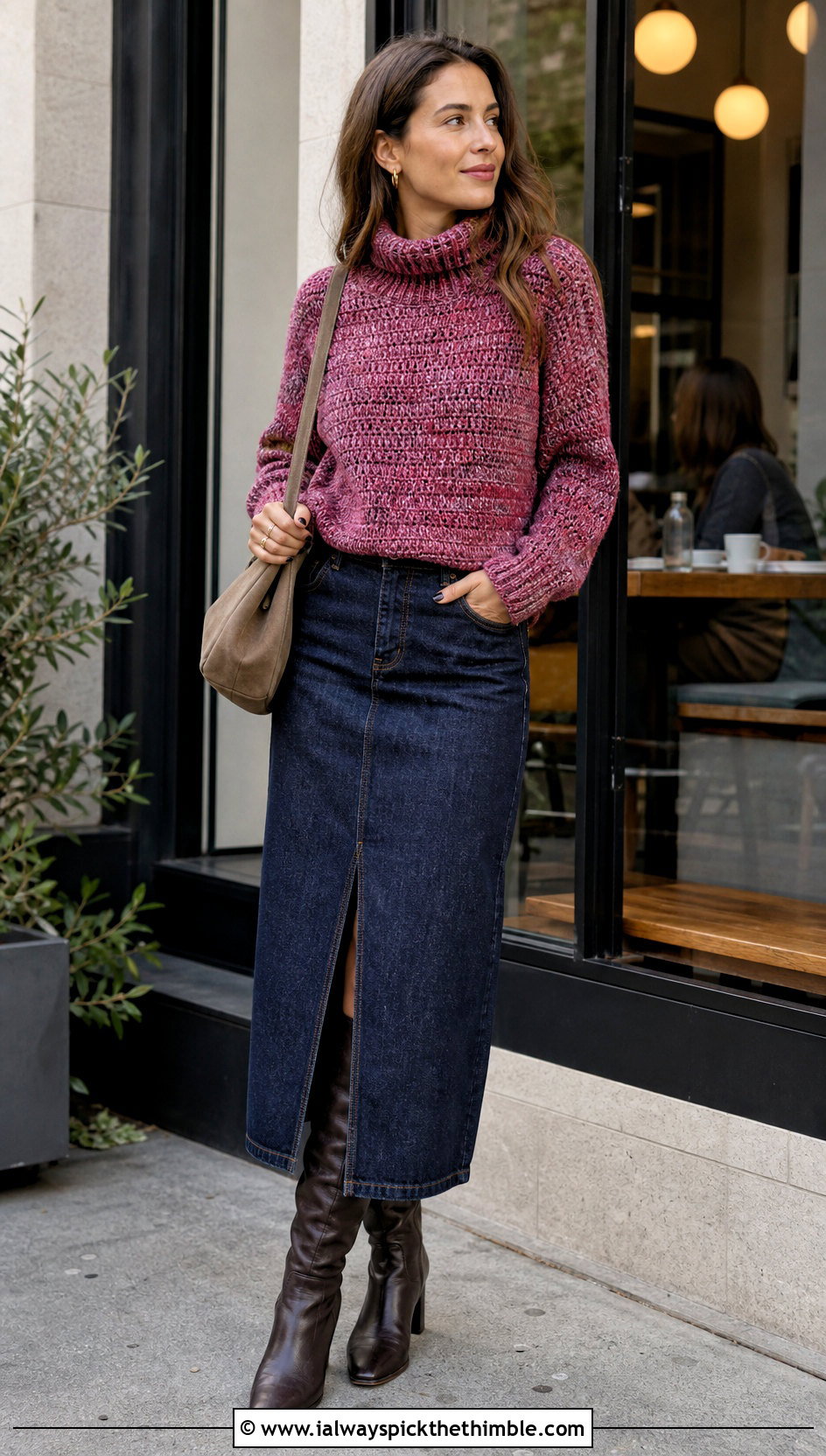 Marled Crochet Roll Neck Sweater With Denim Midi Skirt - 20 Crochet Roll Neck Sweater outfit ideas