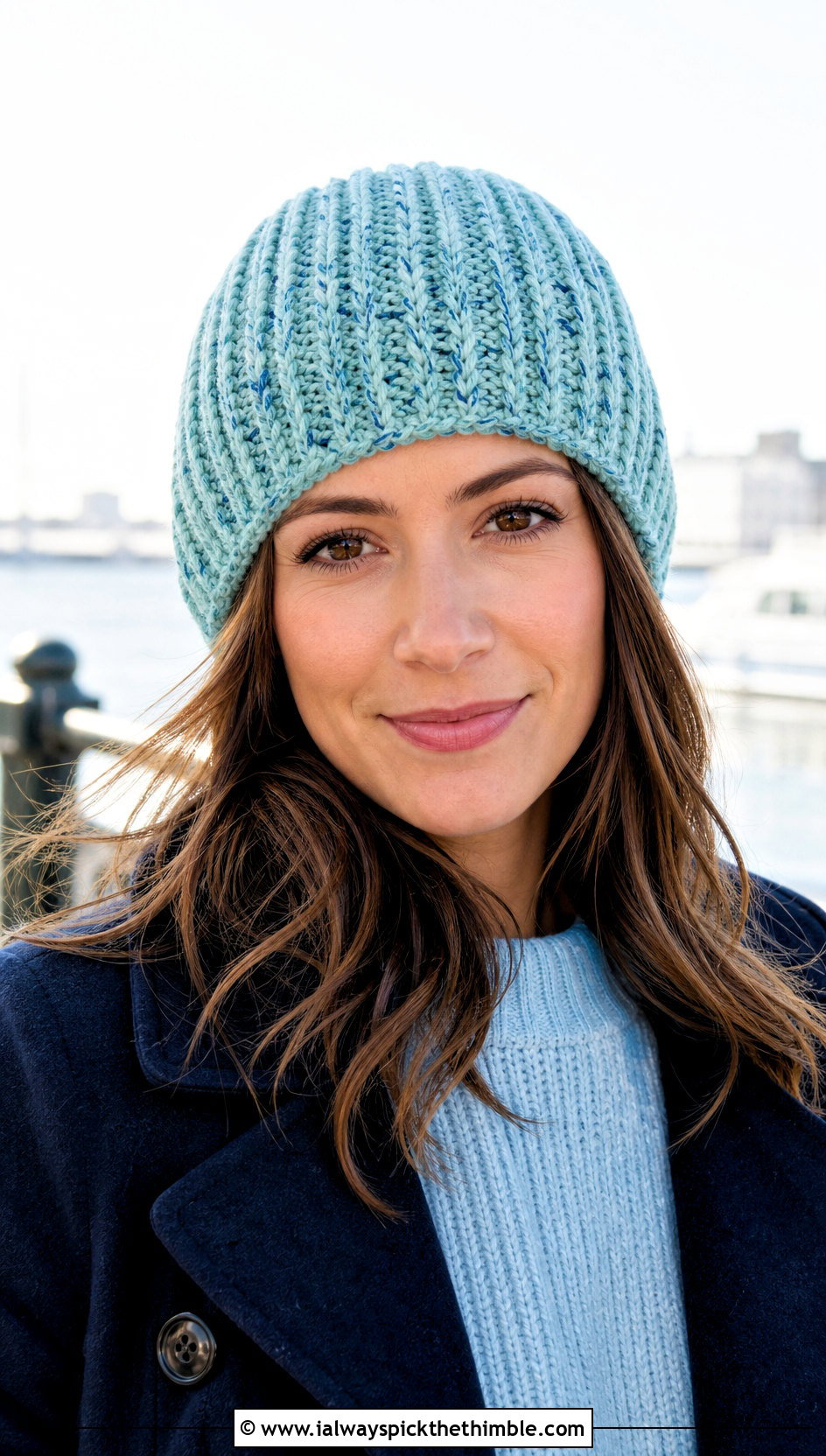 Marled Ribbed Crochet Beanie With Peacoat And Wide Leg Jeans - 25 ribbed crochet hat outfit ideas