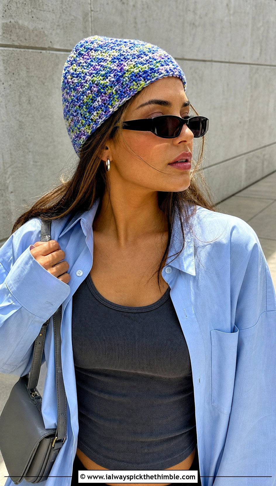Marled Scrap Crochet Beanie With Oversized Shirt And Bike Shorts - 25 crochet scrap beanie outfit ideas