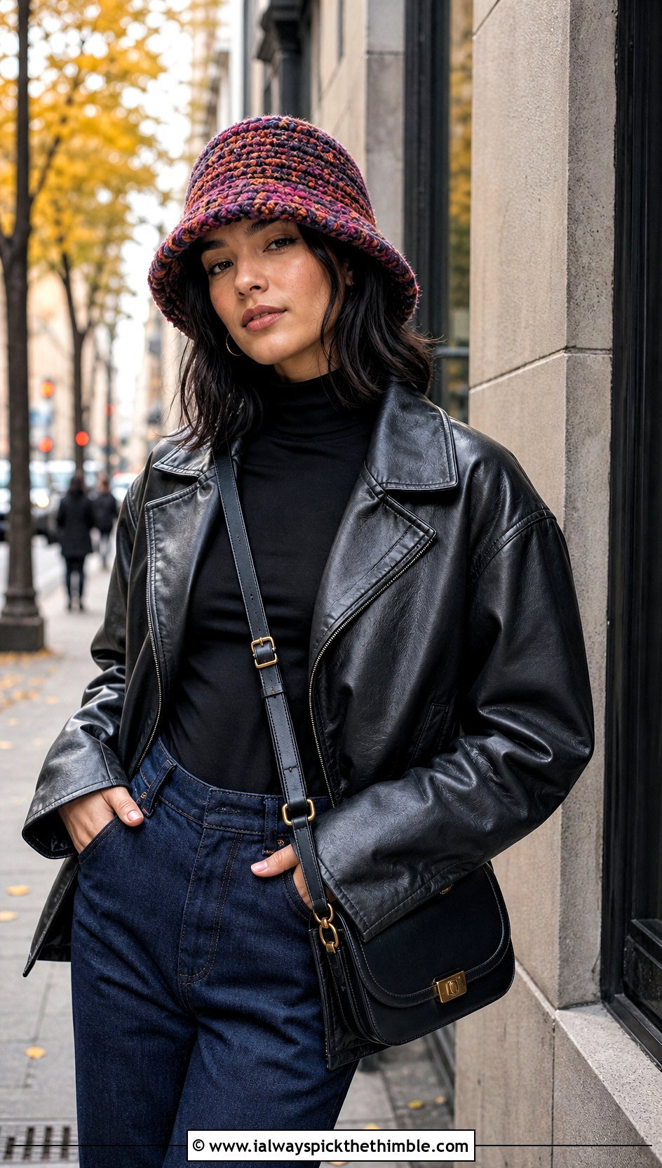 Marled Scrap Yarn Bucket Hat With Leather Jacket And Dark Jeans - 15 Scrap Happy Crochet Bucket Hat outfit ideas