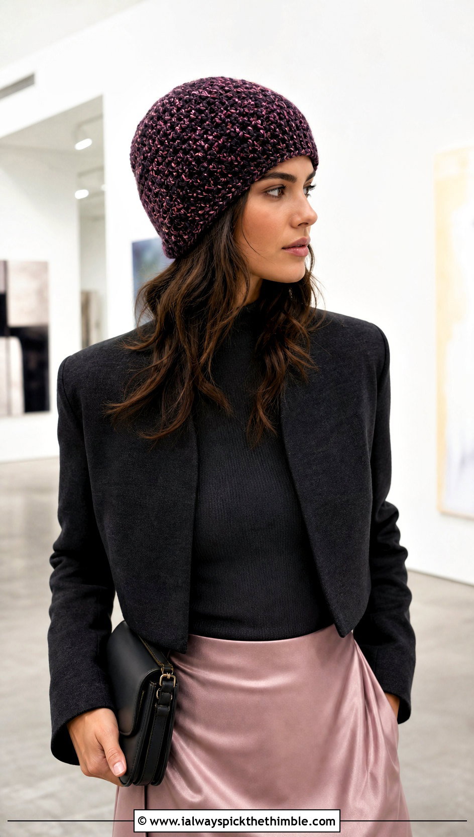 Marled Scrap Yarn Crochet Beanie With Satin Skirt - 20 scrap yarn crochet beanie outfit ideas