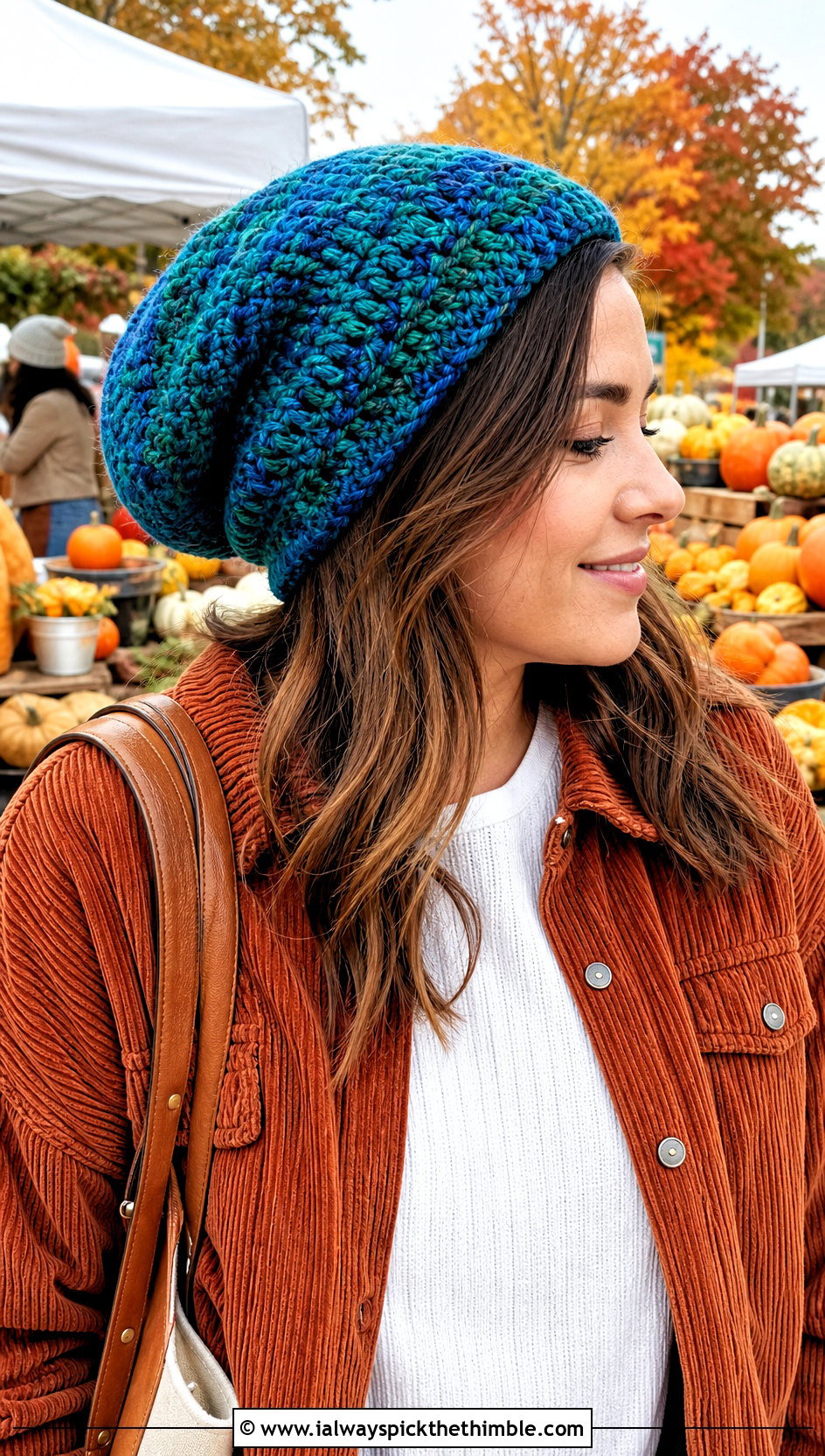 Marled Slouchy Crochet Beanie With Corduroy Overshirt - 25 slouchy crochet beanie outfit ideas