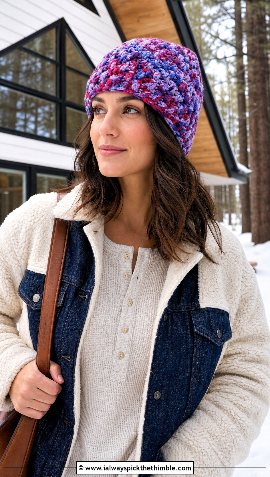 Marled Snowy Puff Crochet Hat With Sherpa Jacket - 15 snowy puff crochet hat outfit ideas