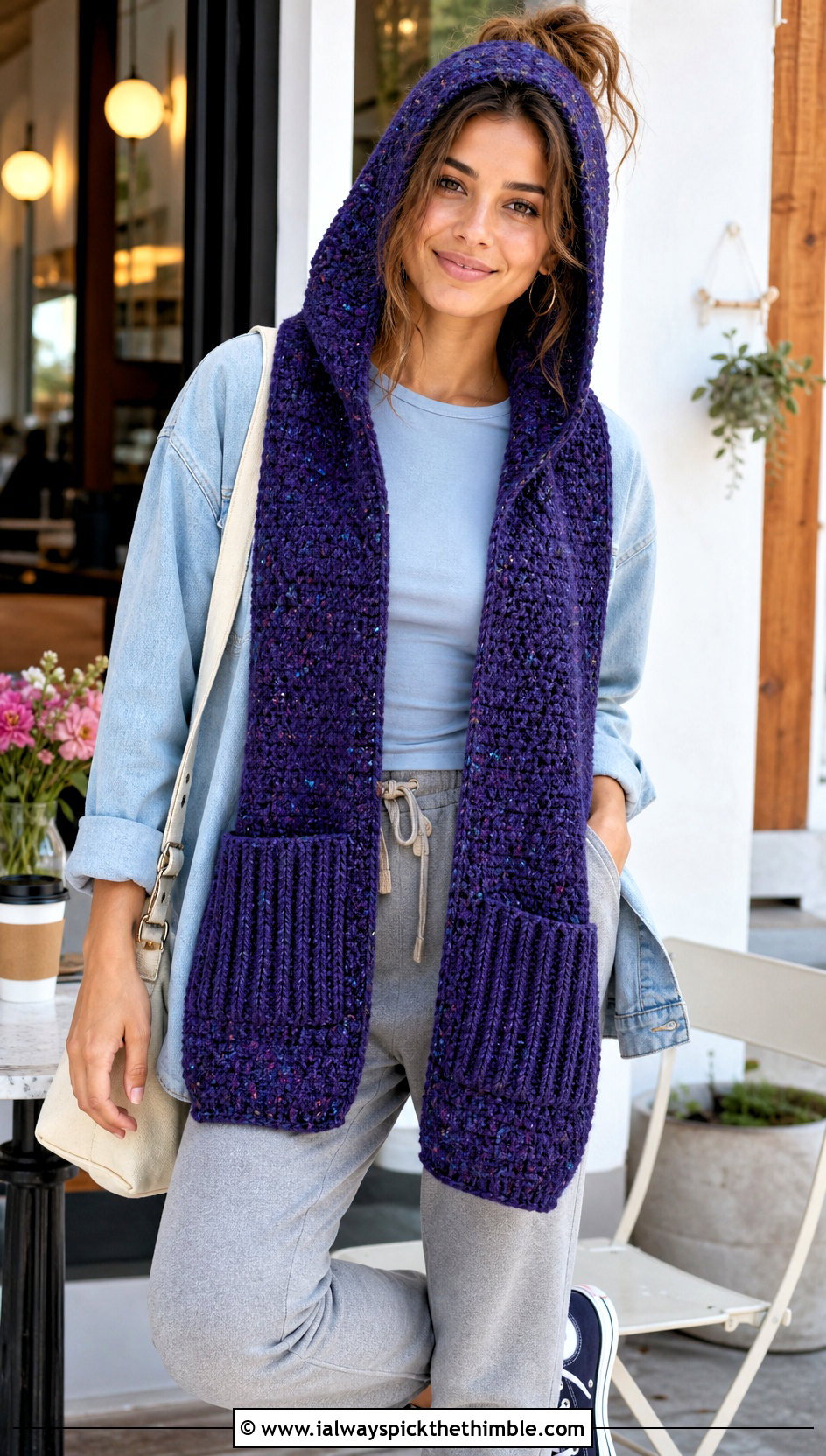 Marled Woodland Hooded Crochet Scarf With Shacket And Joggers - 15 Woodland Hooded Crochet Scarf outfit ideas