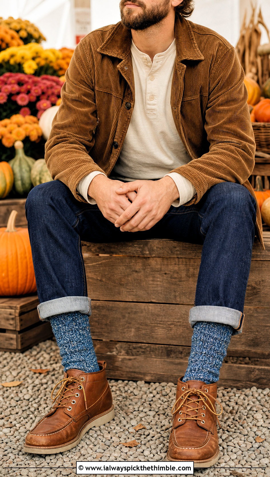Marled Wool Crochet Socks With Corduroy Jacket And Jeans - 25 crochet socks for men outfit ideas
