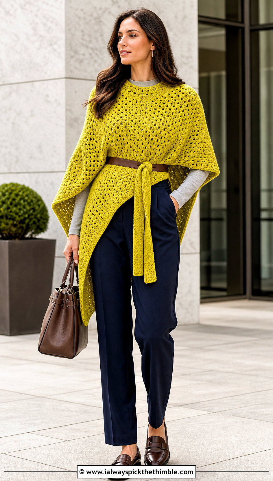 Martha Stewart Belted Crochet Poncho With Pleated Trousers - 15 martha stewart crochet poncho outfit ideas