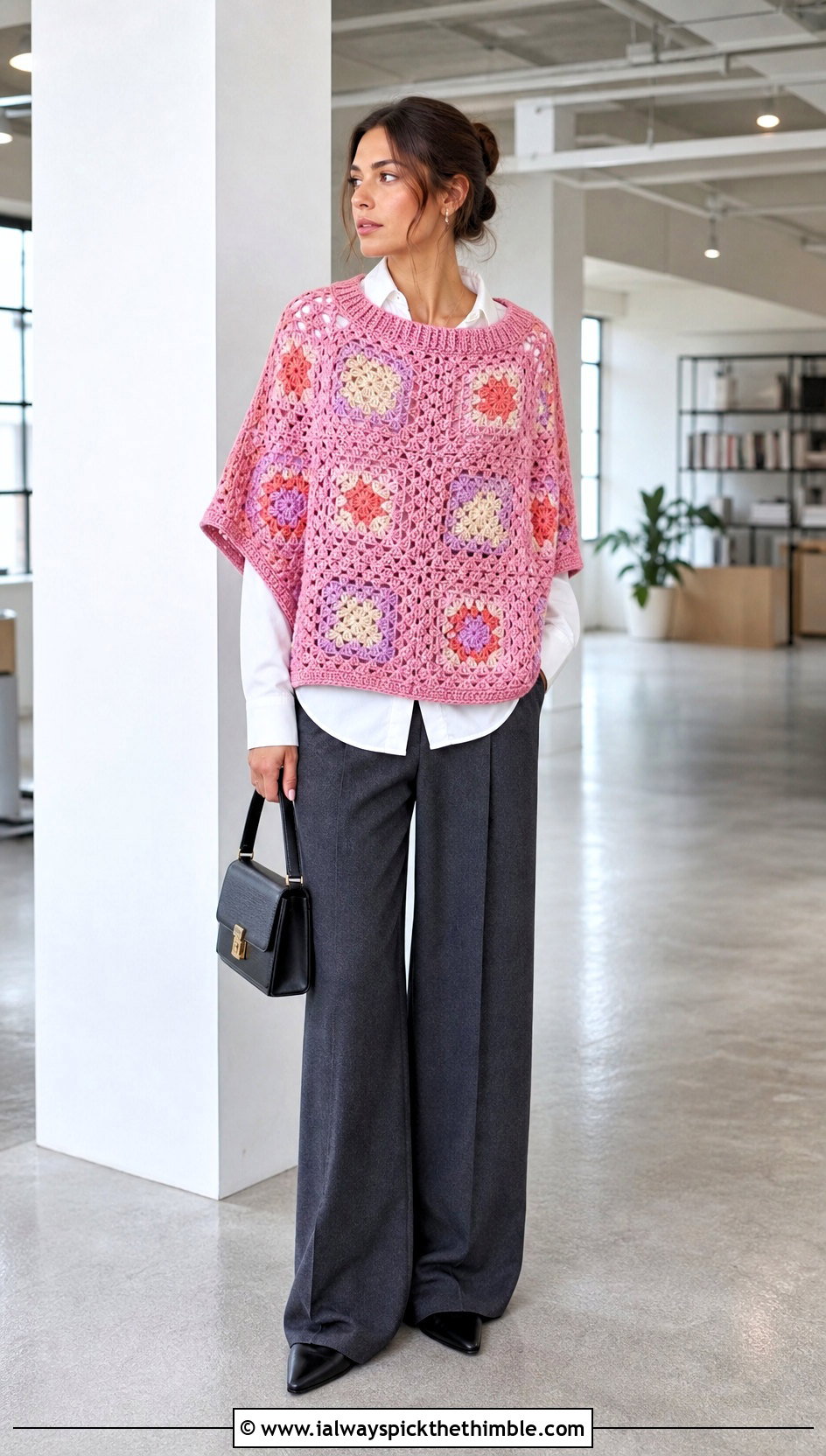 Martha Stewart Granny Square Crochet Poncho With Wide Leg Trousers - 15 martha stewart crochet poncho outfit ideas