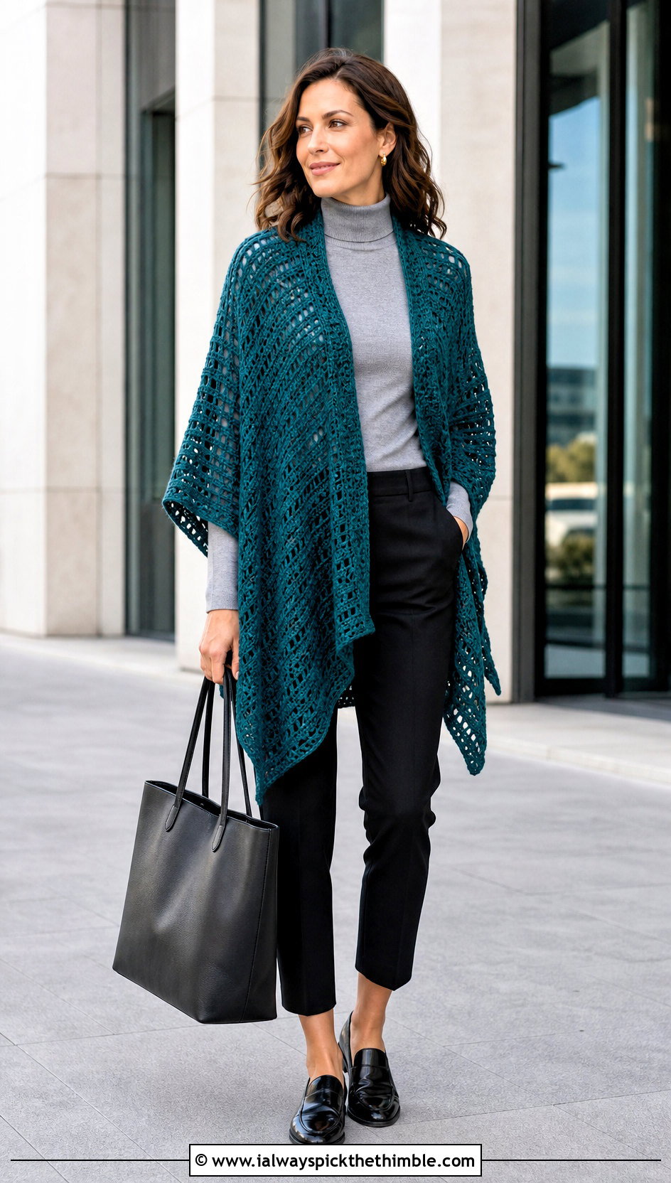 Martha Stewart Open Front Ruana Crochet Poncho With Tailored Pants - 15 martha stewart crochet poncho outfit ideas