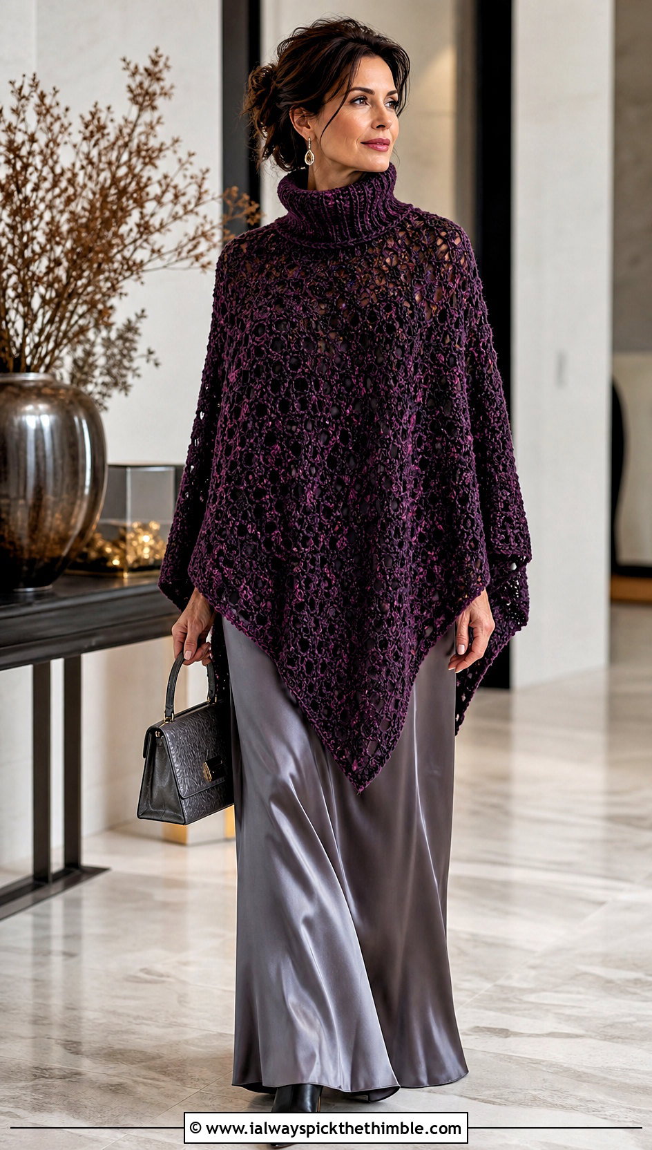 Martha Stewart Turtleneck Crochet Poncho With Satin Maxi Skirt - 15 martha stewart crochet poncho outfit ideas