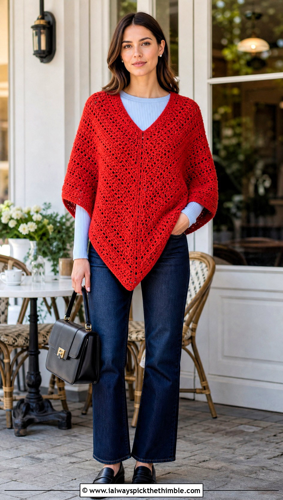 Martha Stewart V Front Block Stitch Crochet Poncho With Dark Jeans - 15 martha stewart crochet poncho outfit ideas