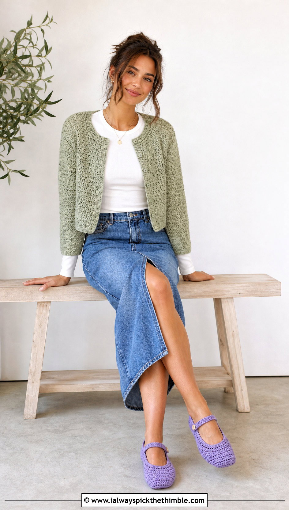 Mary Jane Cottage Crochet Slippers With A Denim Midi Skirt - 15 cottage crochet slippers outfit ideas