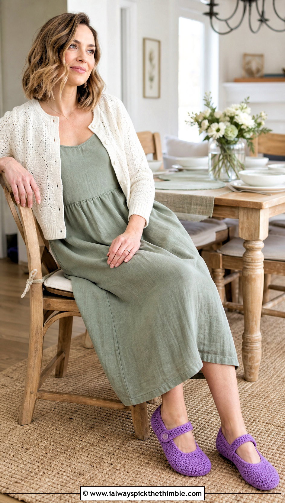 Mary Jane Crochet Slippers With Midi Dress And Cardigan - 20 Easy Crochet Slippers For Beginners outfit ideas