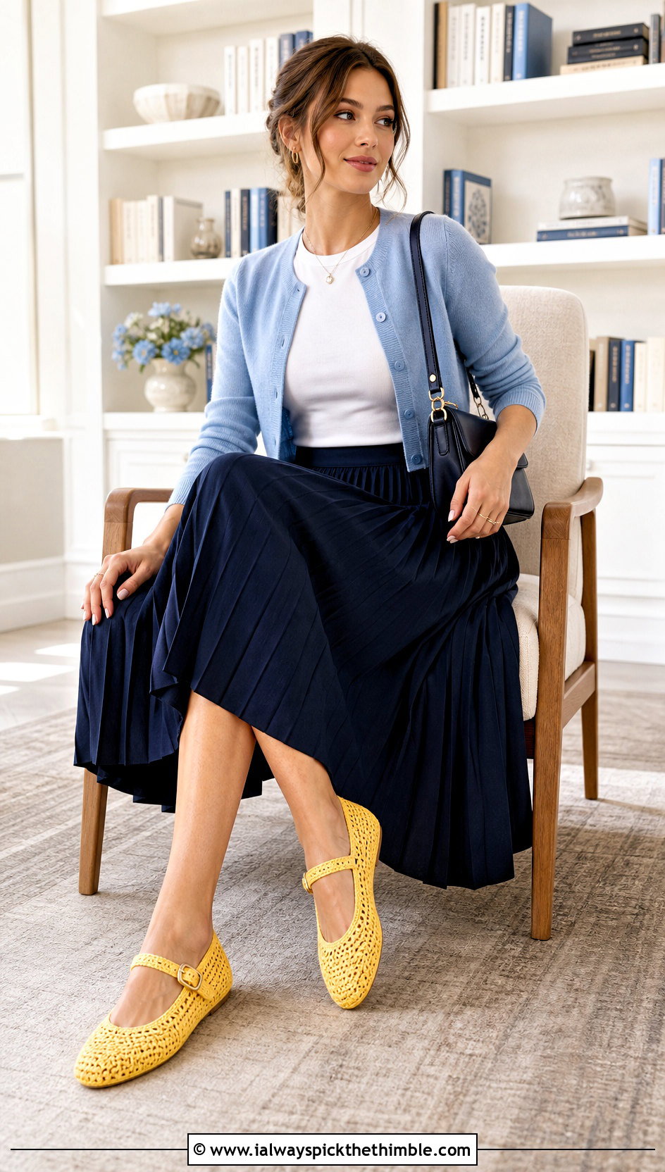 Mary Jane Crochet Slippers With Pleated Midi Skirt - 15 Women's Crochet Slippers outfit ideas