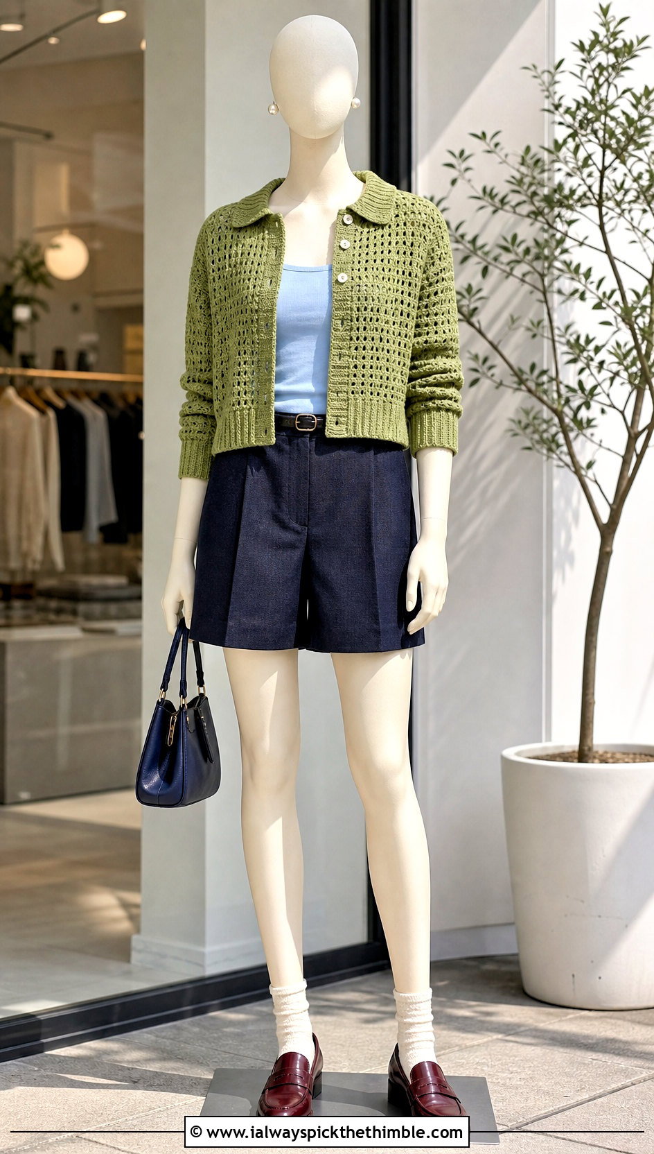 Matcha Green Polo Crochet Sweater With Tailored Shorts - 15 Green Crochet Sweater On Mannequin outfit ideas