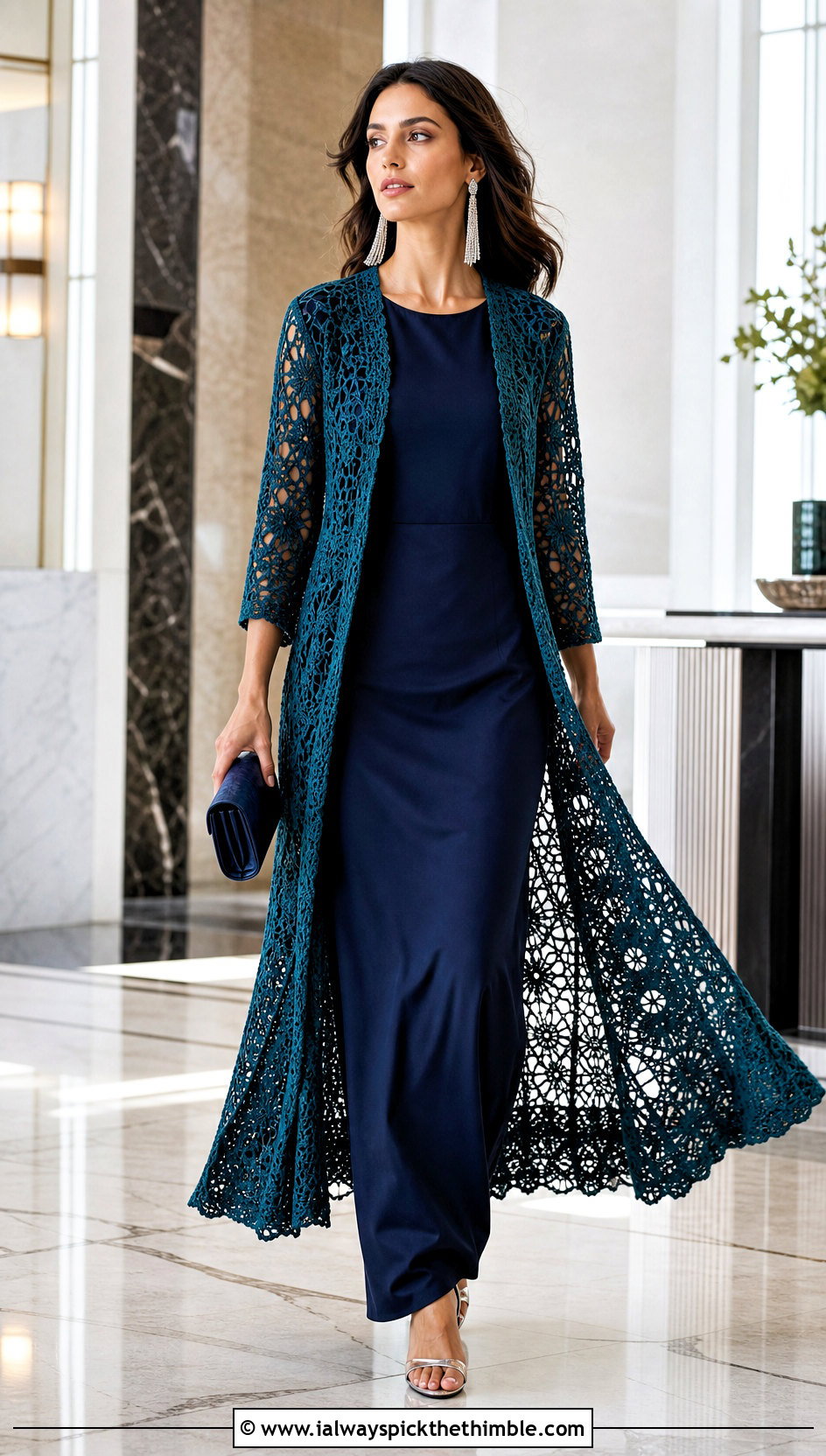 Maxi Crochet Coat With Column Dress - 20 women crochet coat outfit ideas