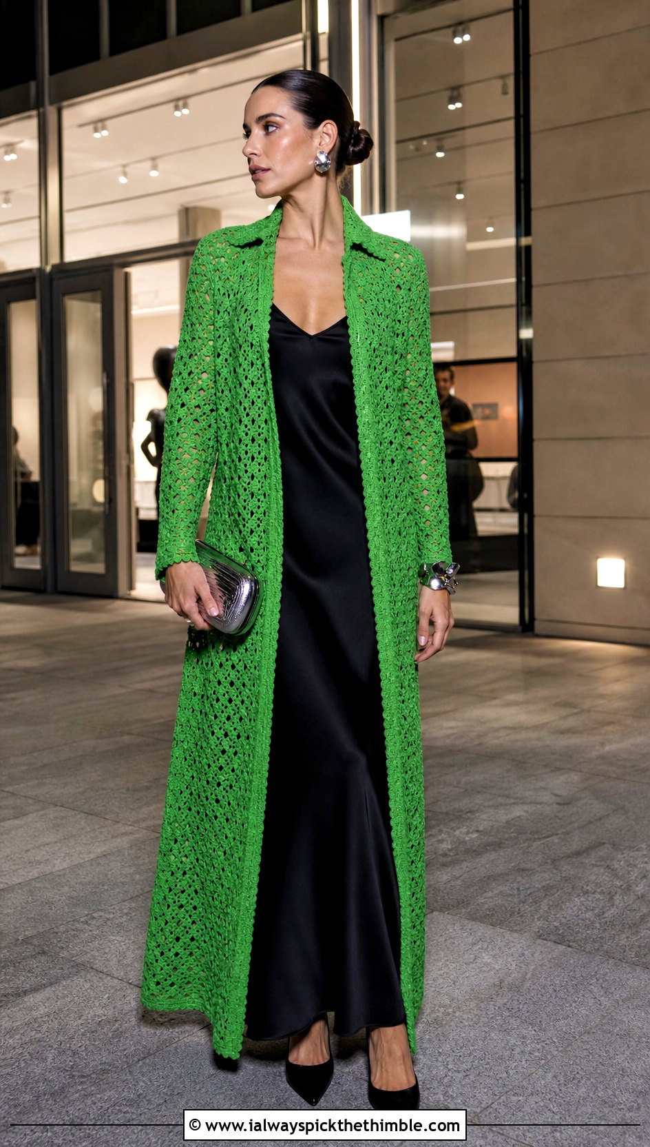 Maxi Crochet Coat With Satin Slip Dress - 25 crochet coat outfit ideas