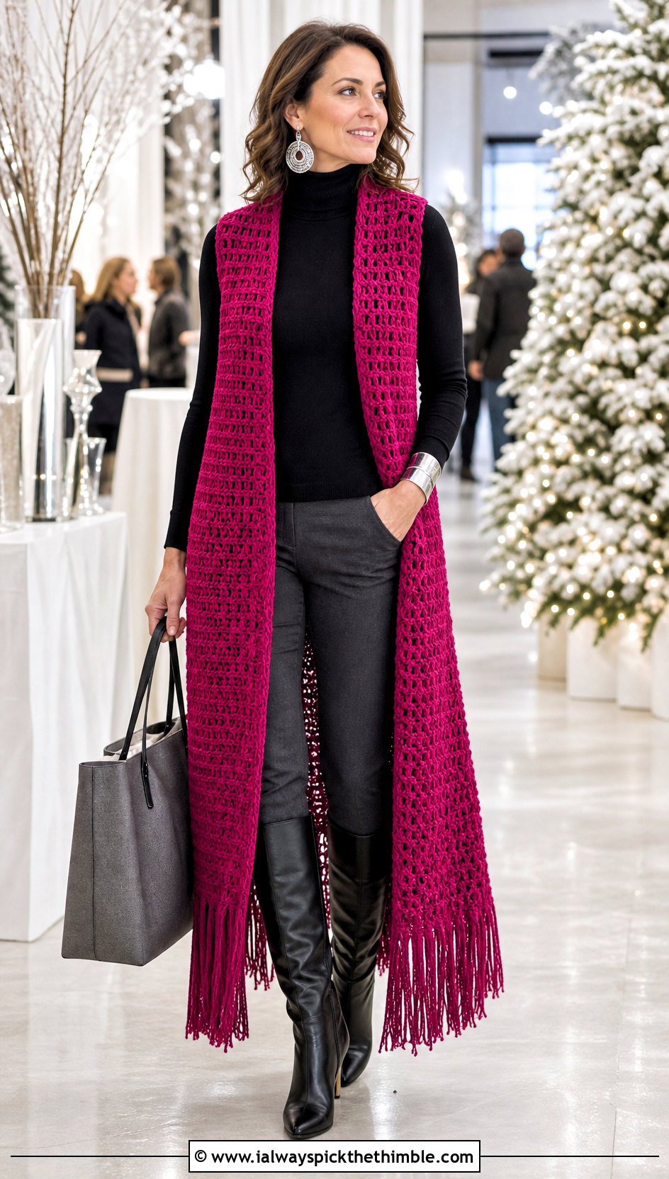 Maxi Crochet Duster Vest With Turtleneck And Boots - 15 long crochet vest with fringe outfit ideas