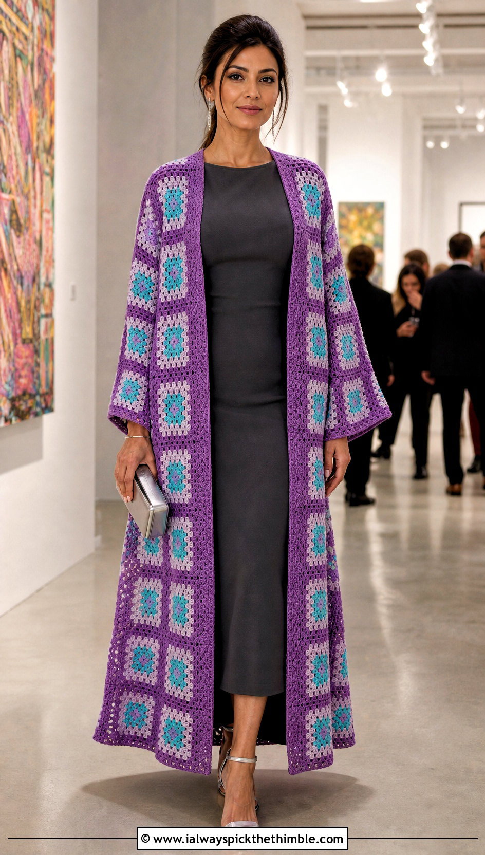 Maxi Granny Square Kimono With Column Dress - 20 granny square kimono outfit ideas