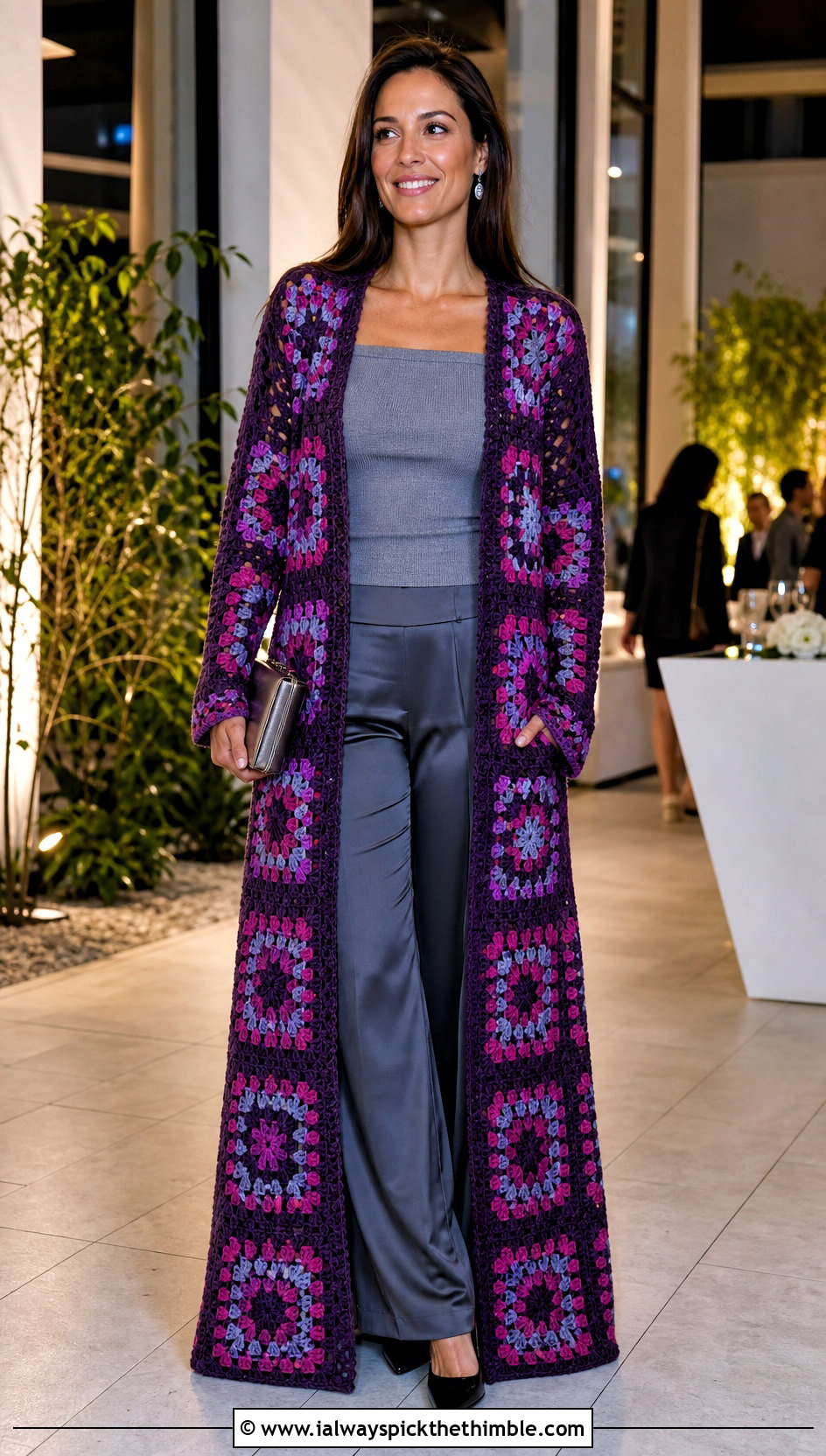 Maxi Granny Square Long Cardigan With Satin Trousers - 20 granny square long cardigan outfit ideas
