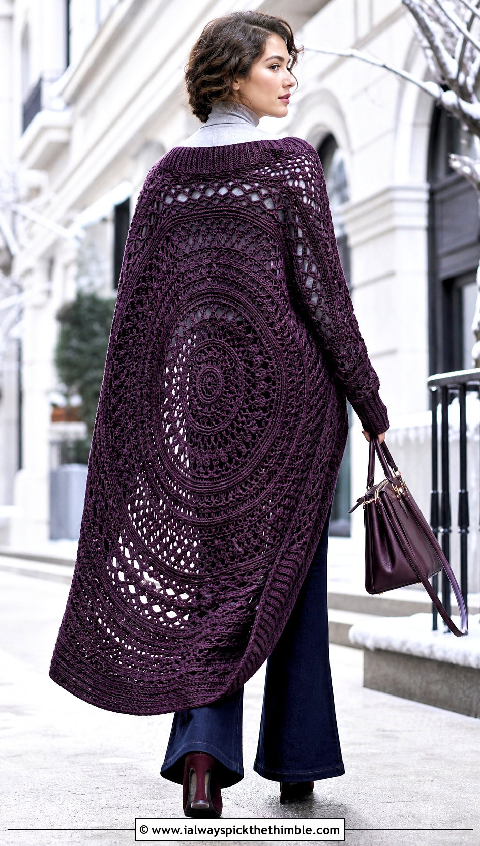 Maxi Round Crochet Cardigan With Flared Pants - 25 round crochet cardigan outfit ideas