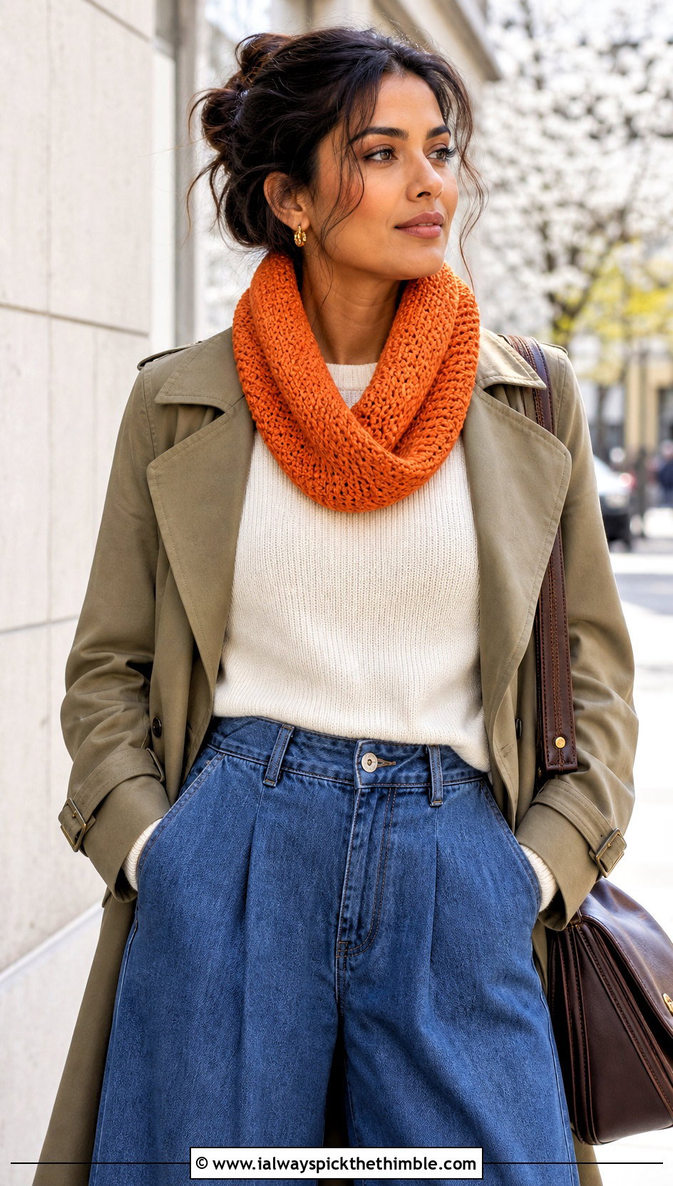 Mbius Cowl With Trench Coat And Wide Leg Jeans - 15 Cowls To Crochet outfit ideas
