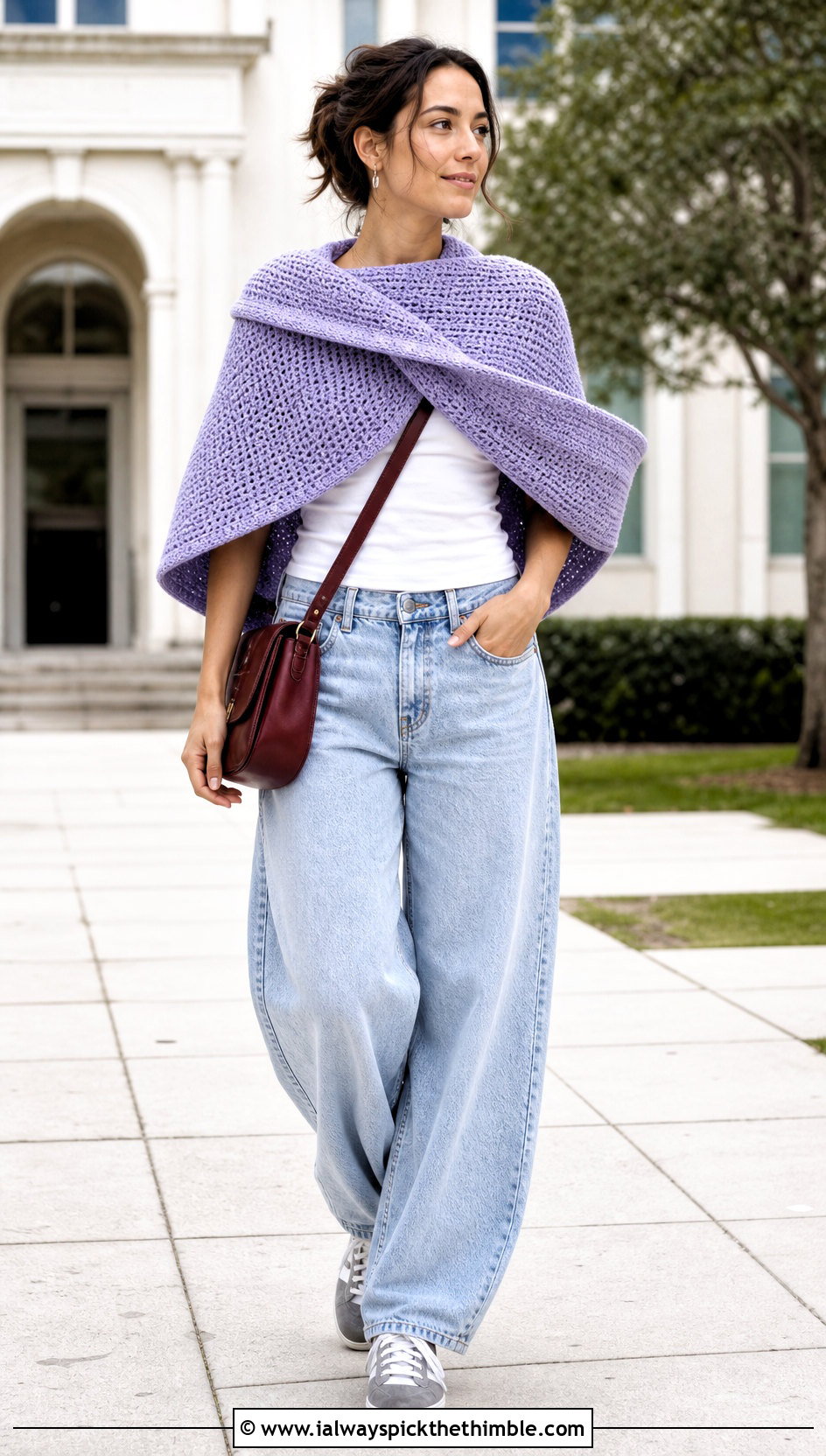 Mbius Crochet Cape With A T Shirt And Barrel Jeans - 25 crochet cape outfit ideas