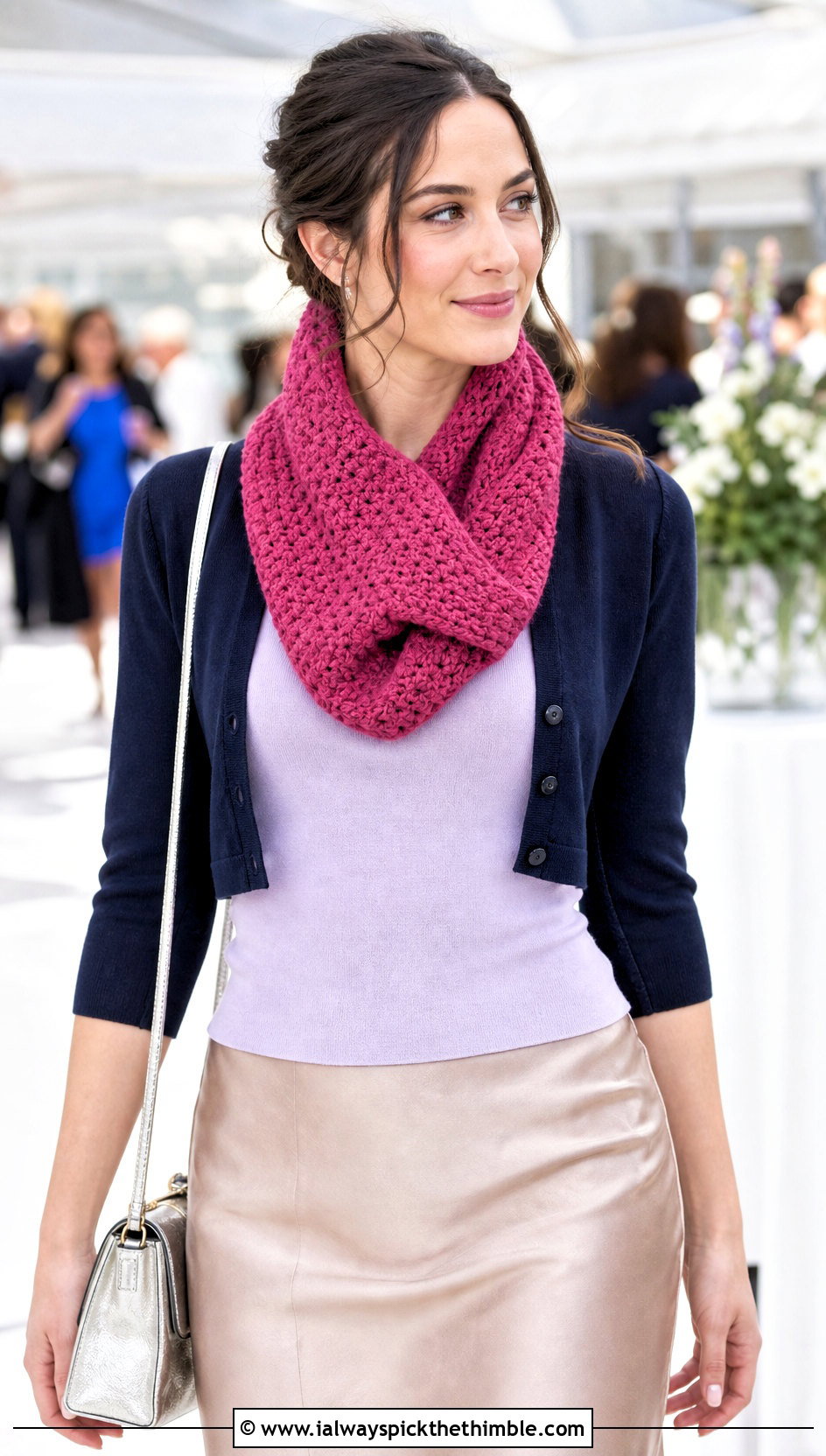 Mbius Crochet Cowl Scarf With Cardigan And Satin Skirt - 25 crochet cowell scarf outfit ideas