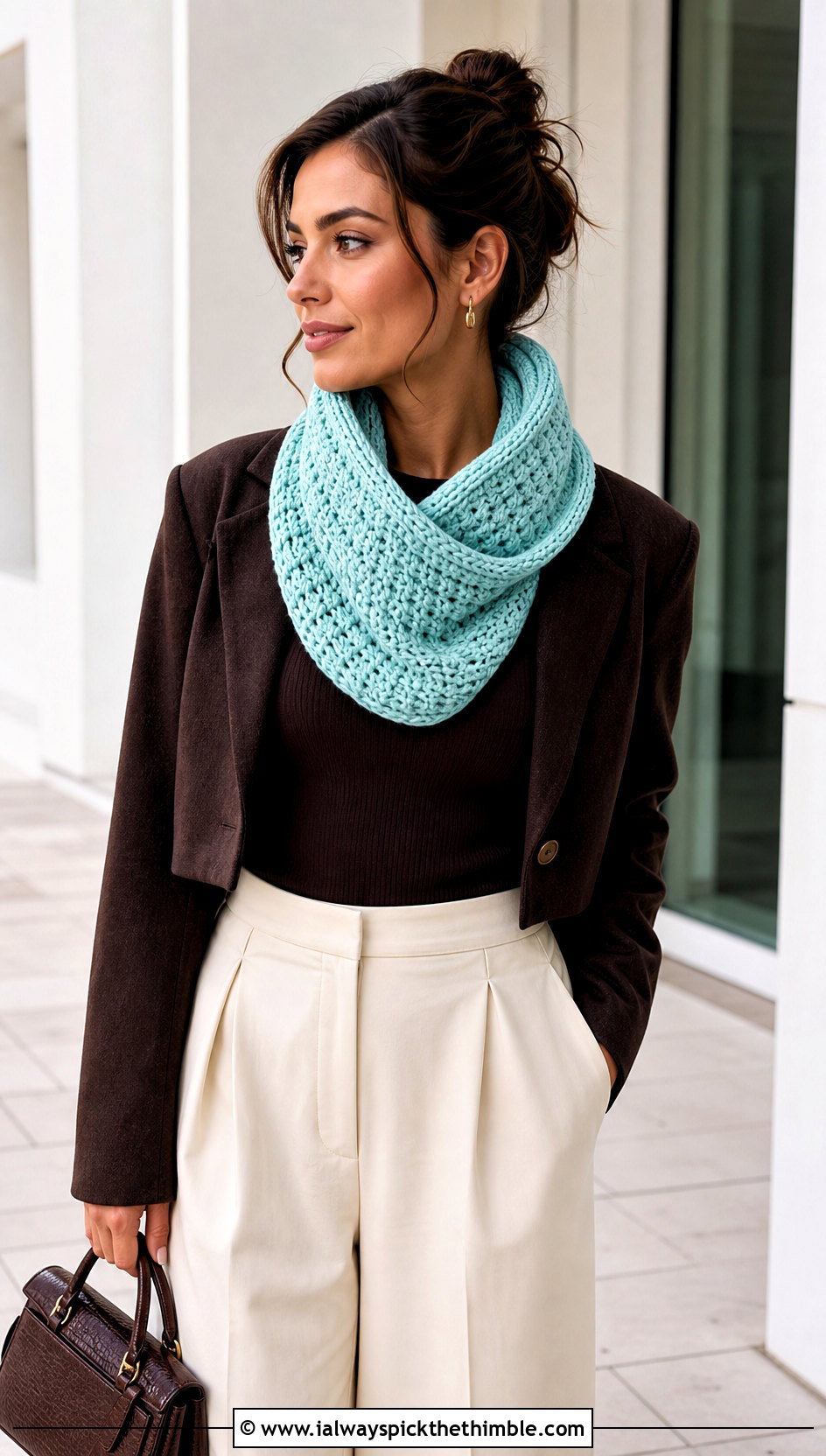 Mbius Crochet Cowl Scarf With Cropped Jacket And Palazzo Pants - 20 Elegant Crochet Scarf outfit ideas