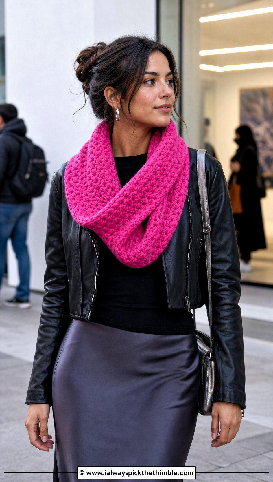 Mbius Crochet Cowl Shawl With Leather Jacket - 20 crochet cowl shawl outfit ideas