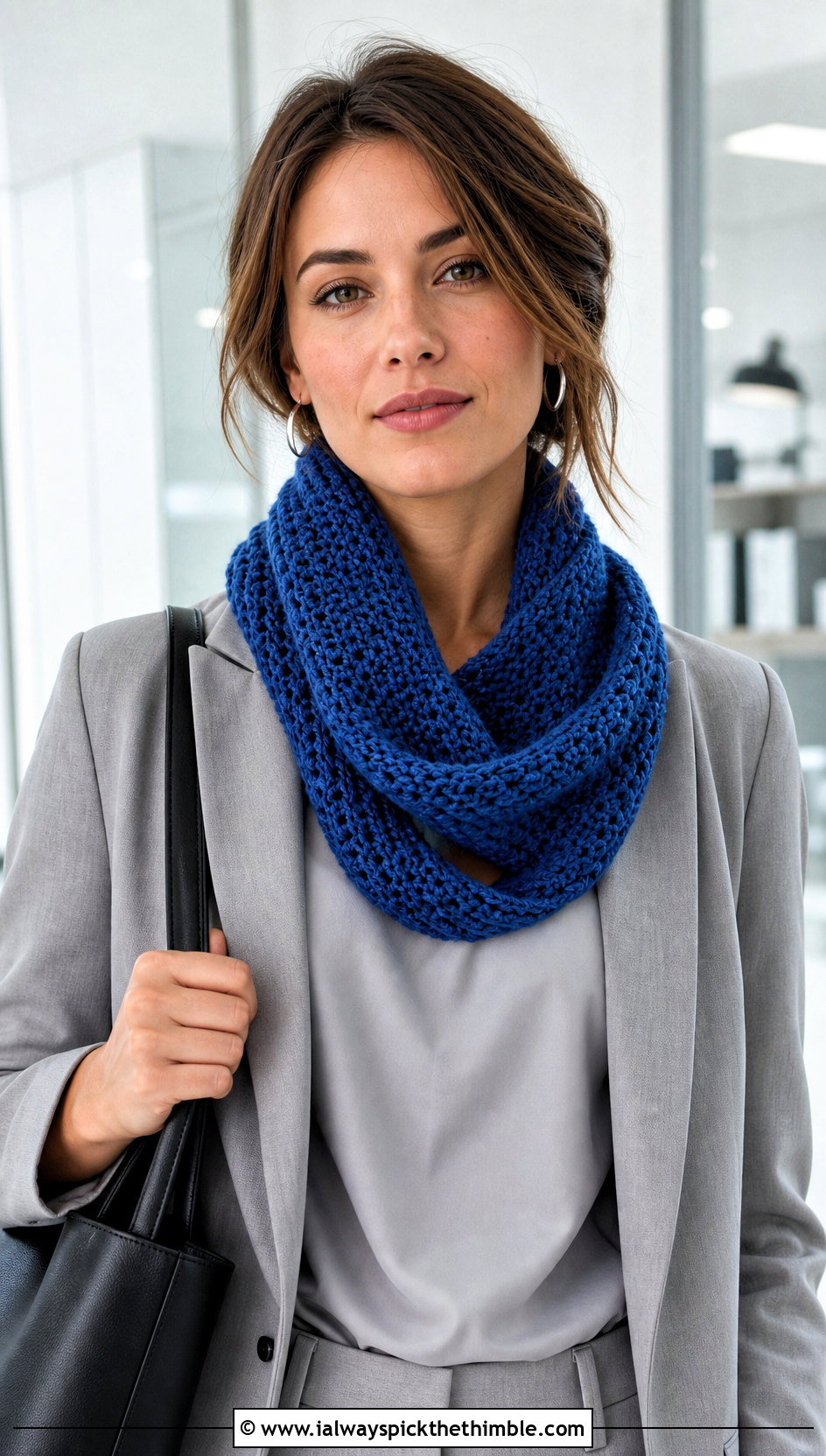 Mbius Crochet Infinity Scarf With Minimal Suit - 20 infinite crochet scarf outfit ideas
