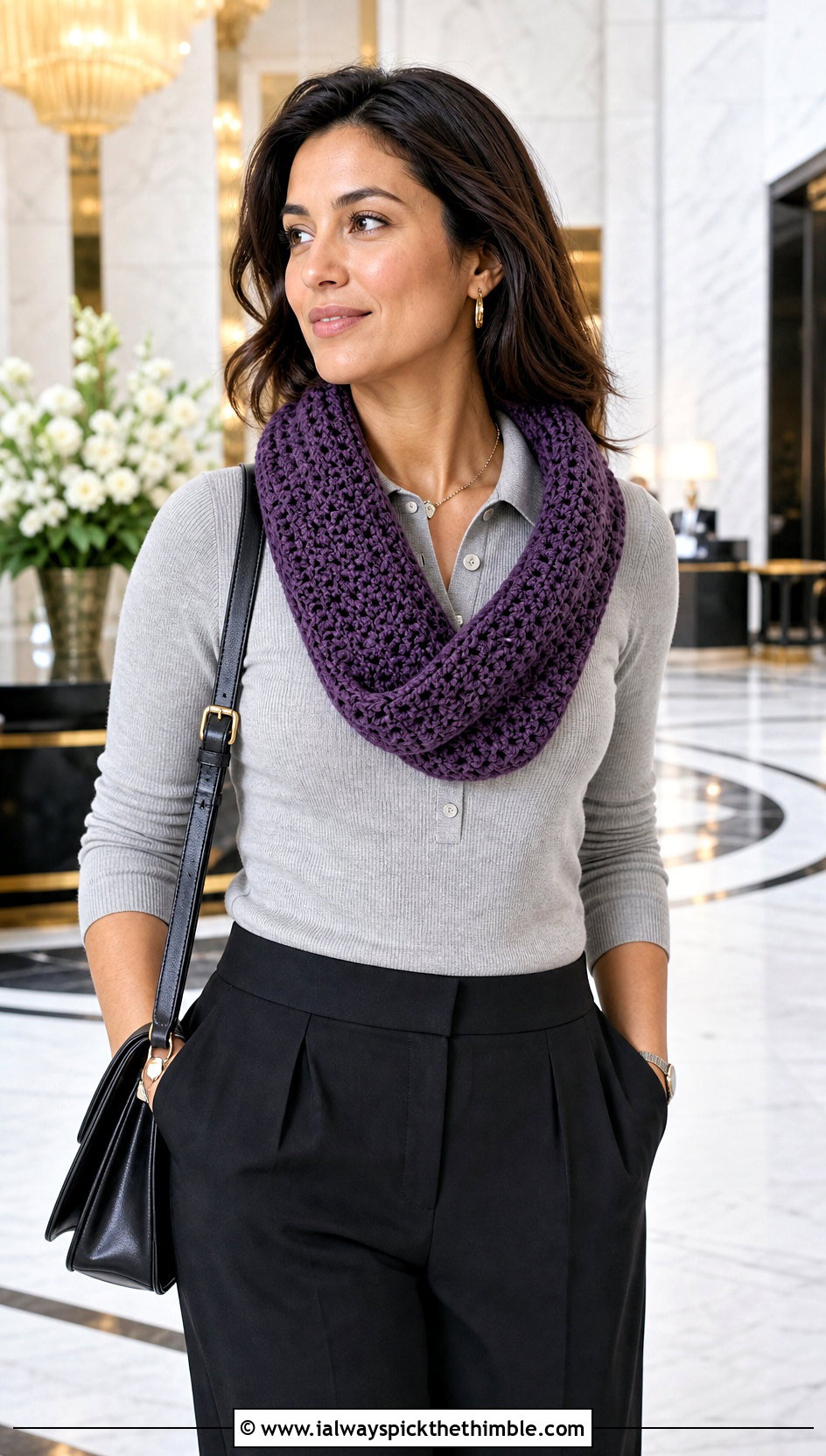 Mbius Crochet Scarf With Knit Polo And Trousers - 25 simple crochet scarf outfit ideas