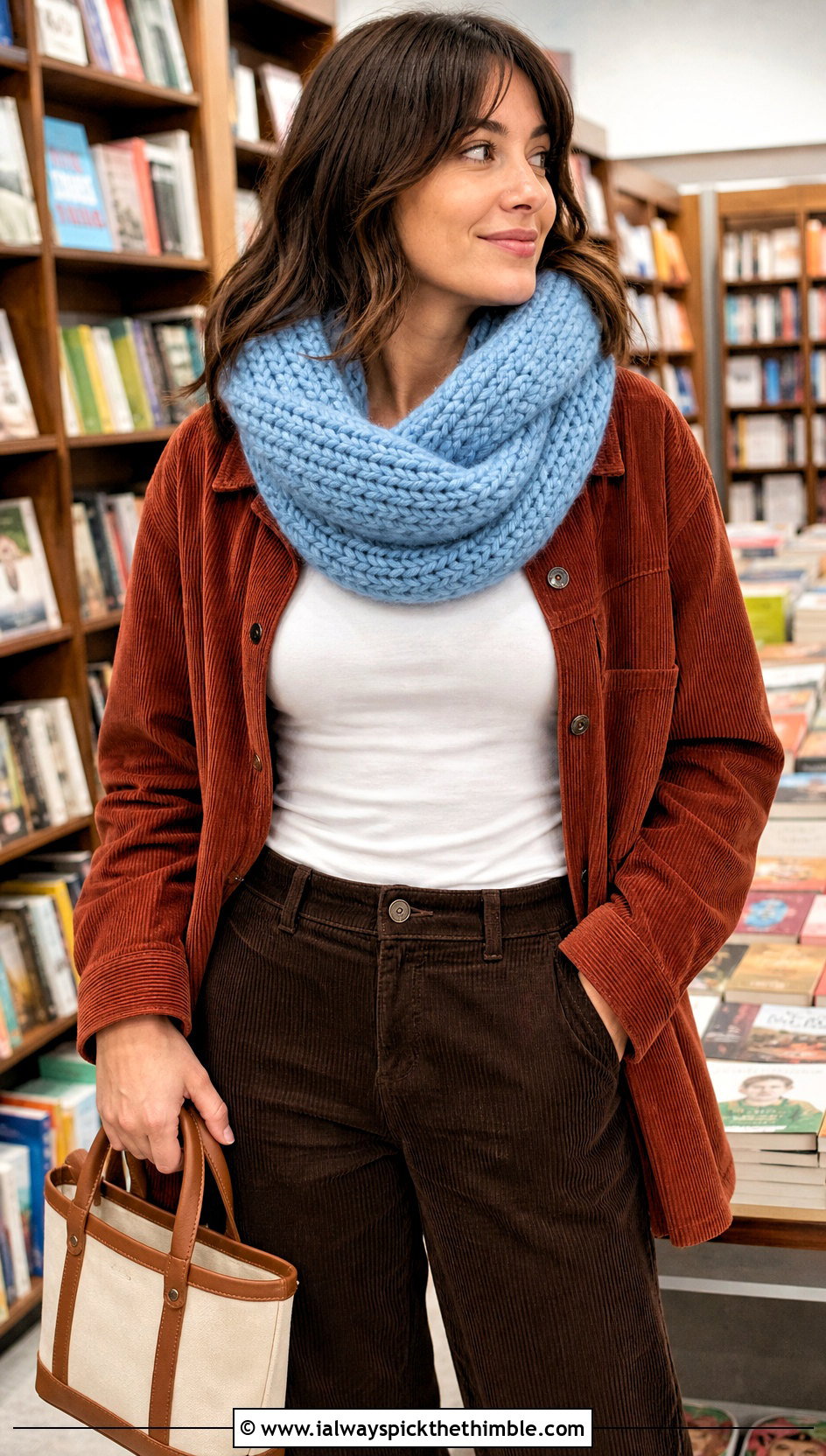 Mbius Crochet Snood With Shacket And Corduroy Pants - 15 Super Bulky Crochet Scarf outfit ideas