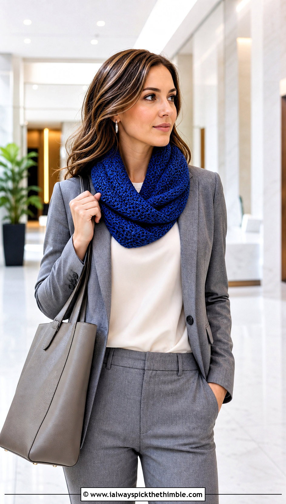 Mbius Infinity Crochet Scarf With Blazer and Trousers - 15 Infinity Crochet Scarf outfit ideas