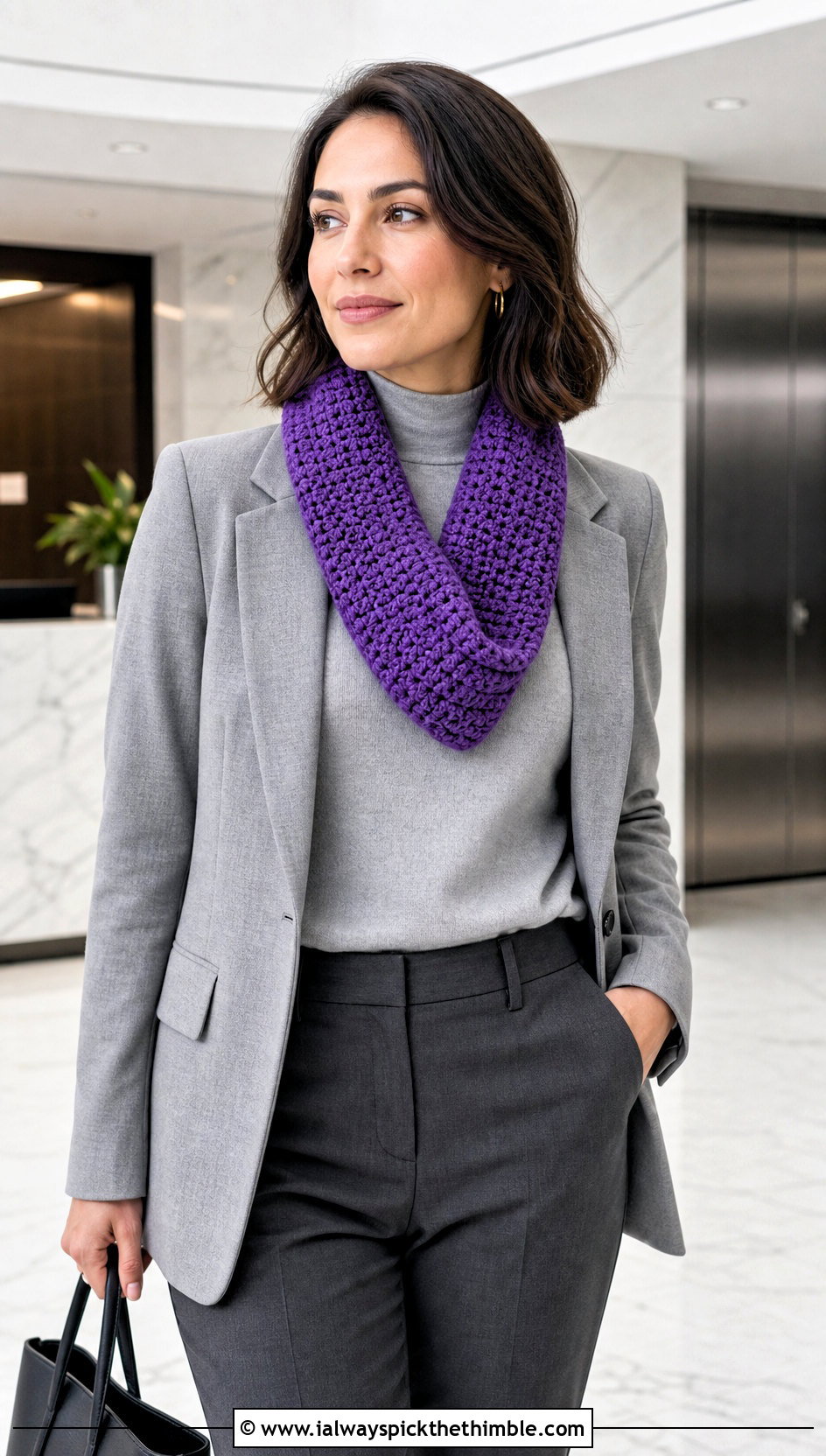 Mbius Moss Stitch Crochet Cowl With Blazer And Tailored Trousers - 15 Moss Stitch Crochet Cowl outfit ideas
