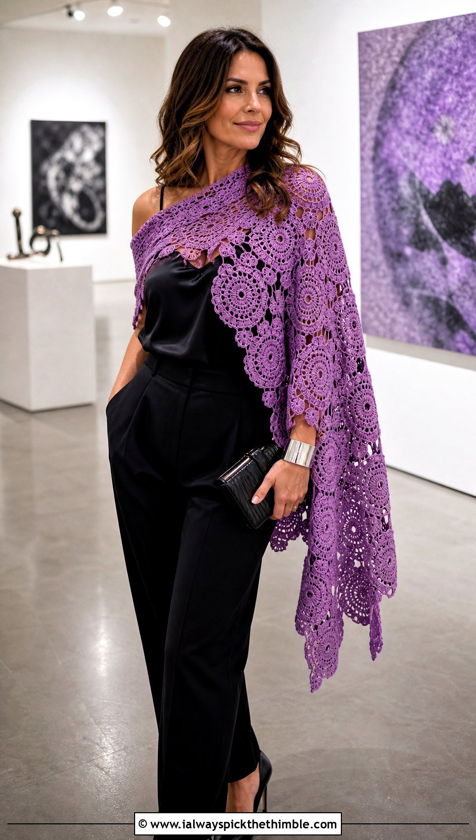 Medallion Crochet Shawl With Tuxedo Trousers - 20 Vintage Crochet Shawl outfit ideas