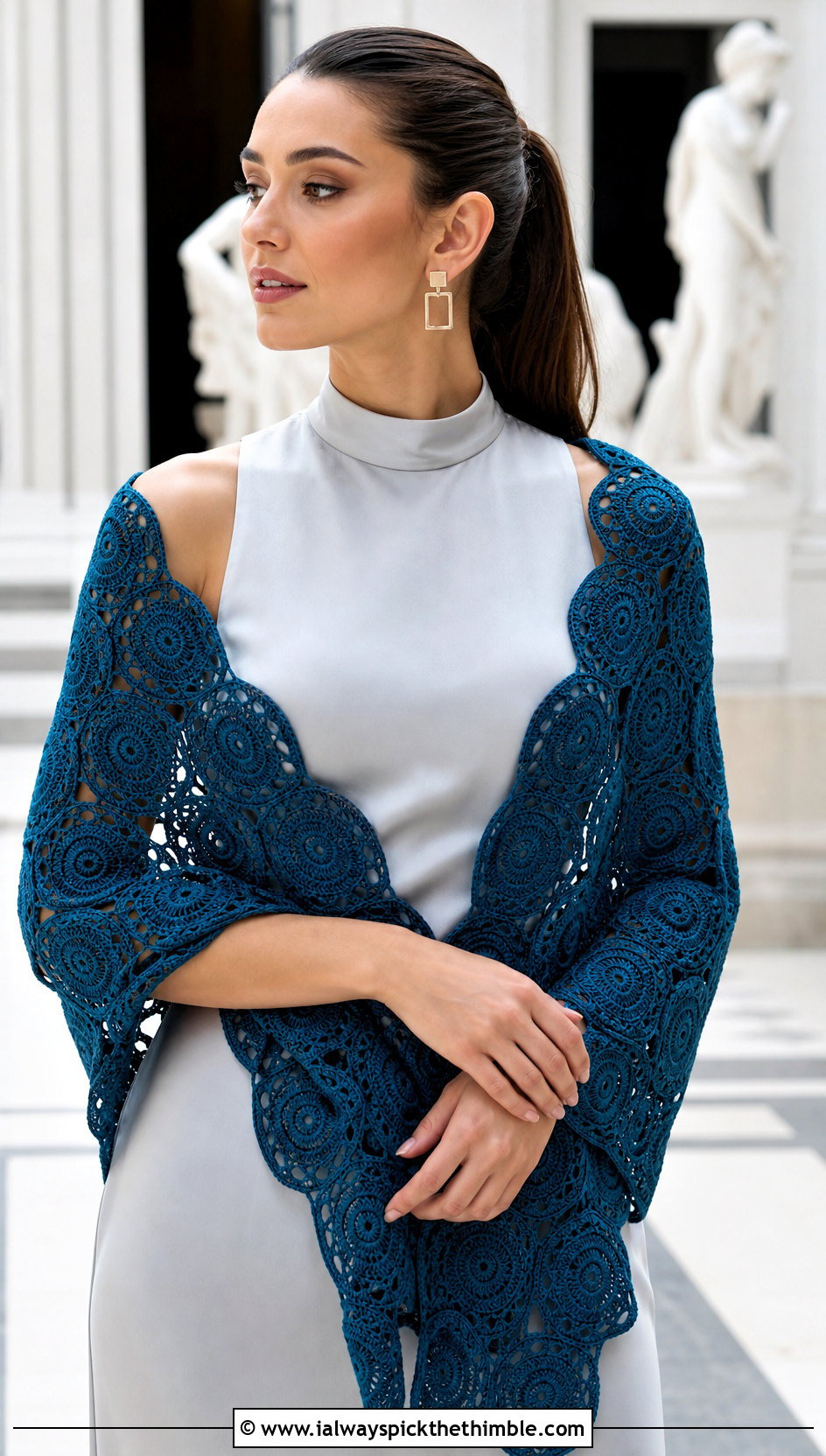 Medallion Crochet Wedding Shawl With High Neck Dress - 25 crochet wedding shawl outfit ideas