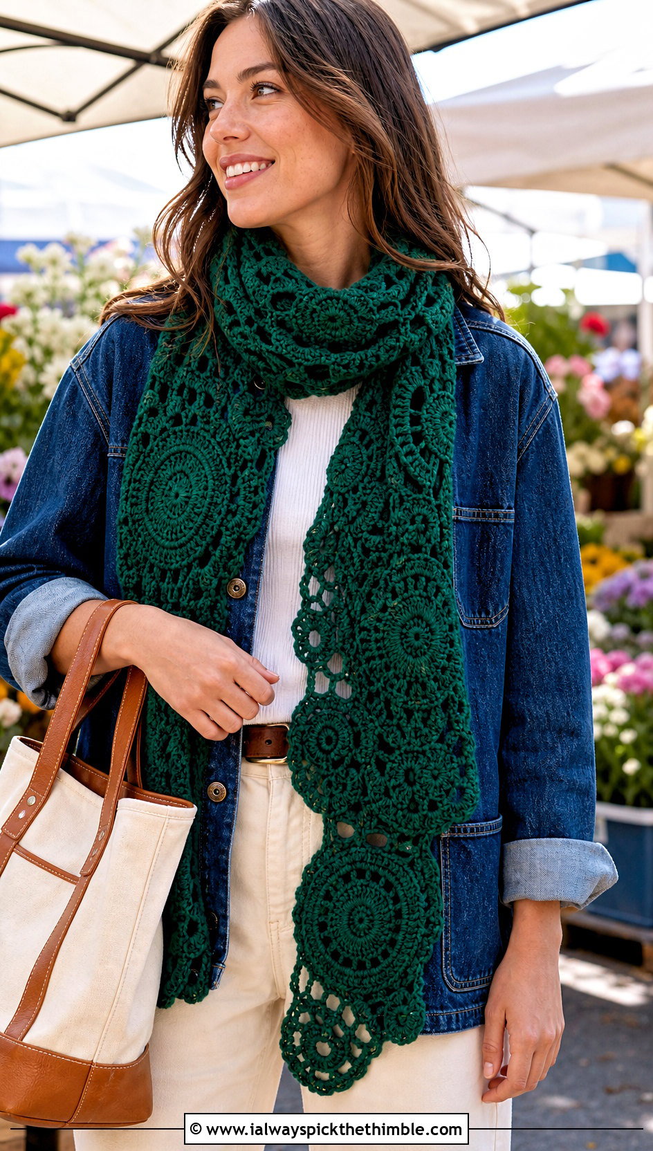 Medallion Freeform Crochet Scarf With Denim Chore Jacket - 20 Freeform Crochet Scarf outfit ideas