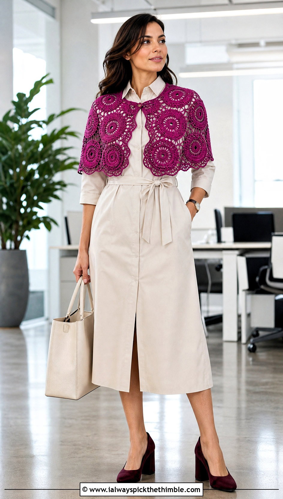 Medallion Irish Crochet Capelet Shawl With Shirt Dress - 20 Irish Crochet Shawl outfit ideas