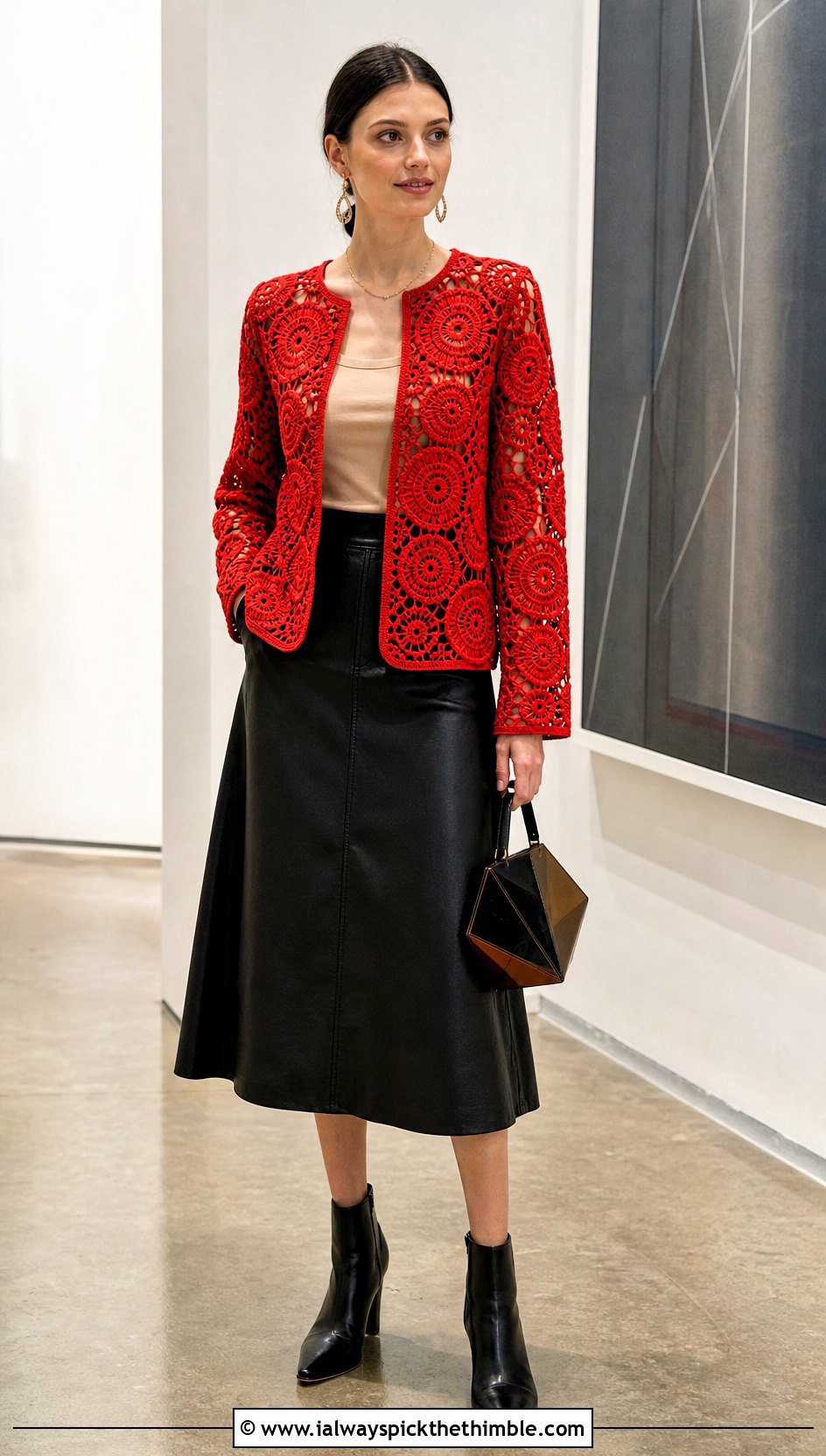 Medallion Irish Crochet Cardigan With Leather Midi Skirt - 20 Irish Crochet Cardigan outfit ideas