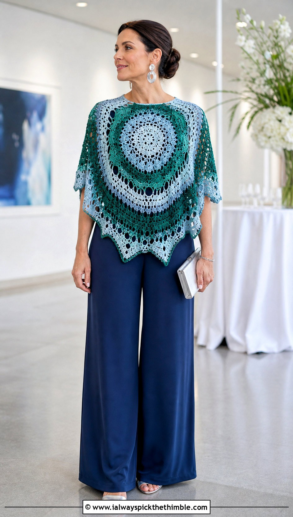 Medallion Mosaic Crochet Shawl With Wide Leg Jumpsuit - 20 mosaic crochet shawl outfit ideas