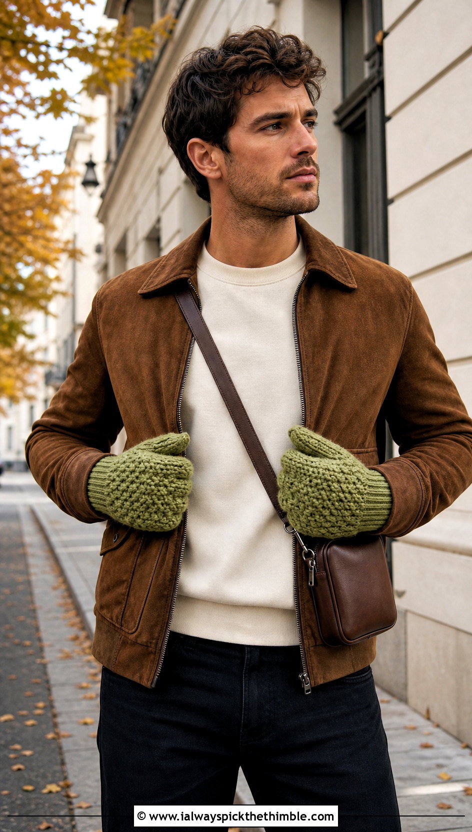Mens Alpine Stitch Crochet Gloves With Suede Jacket - 20 men's crochet gloves outfit ideas
