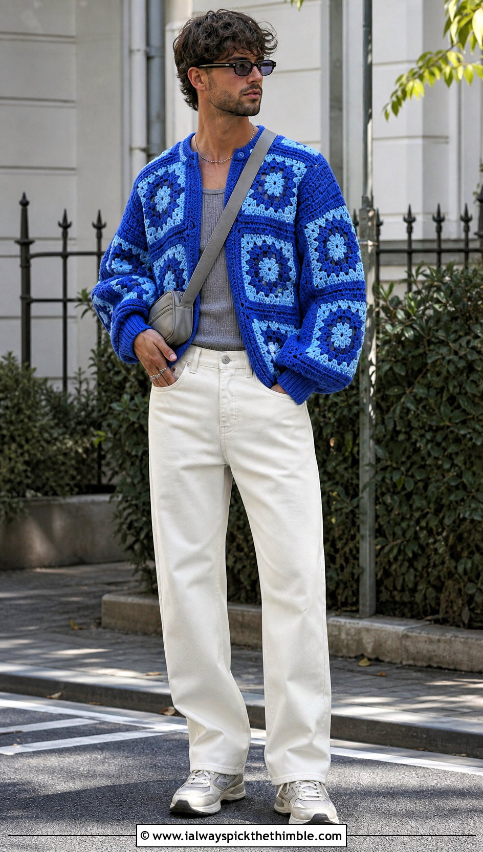 Mens Balloon Sleeve Granny Square Sweater With Ecru Denim - 20 Mens Granny Square Sweater outfit ideas