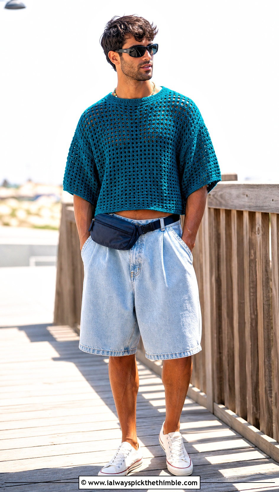 Mens Boxy Crochet Crop Top With Denim Shorts - 20 Men Crochet Crop Top outfit ideas