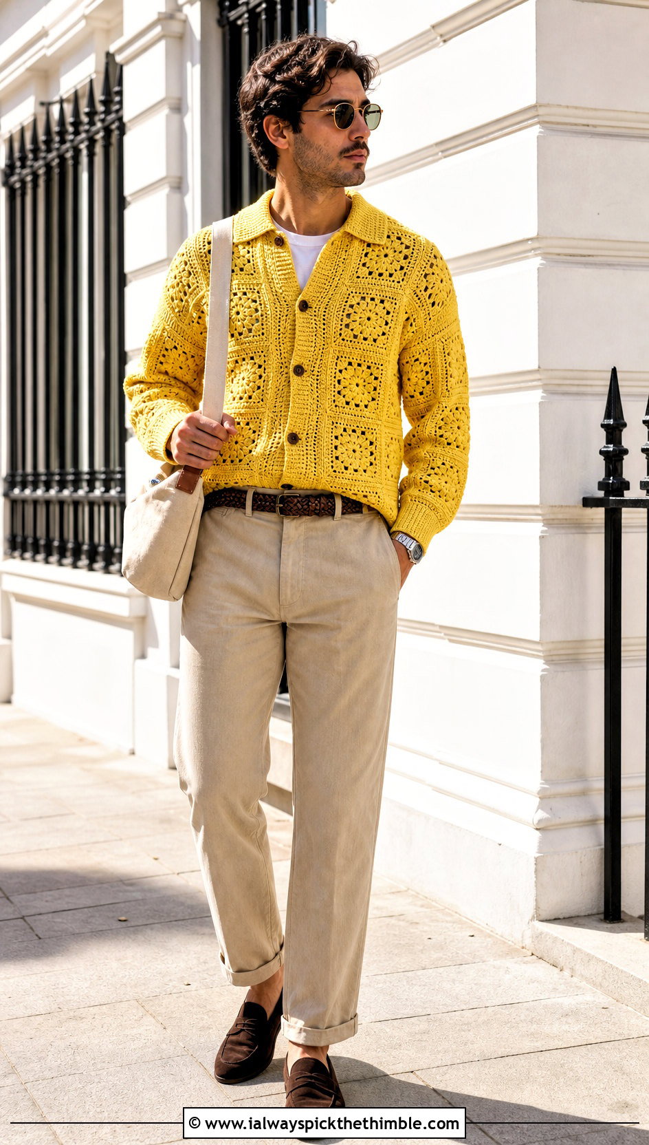 Mens Collared Granny Square Sweater With Chinos - 20 Mens Granny Square Sweater outfit ideas